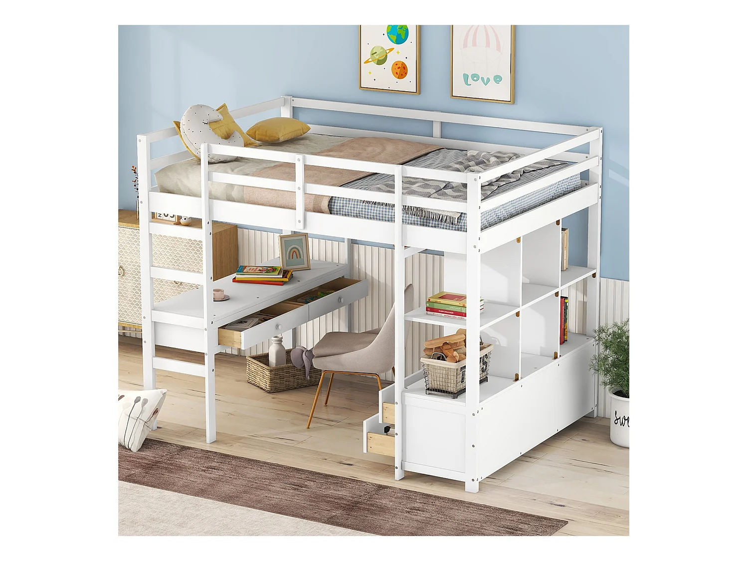 Lit mezzanine 140x200cm pour enfant - lit surélevé avec tiroirs de rangement, bureau et bibliothèque de rangement sous le lit - blanc