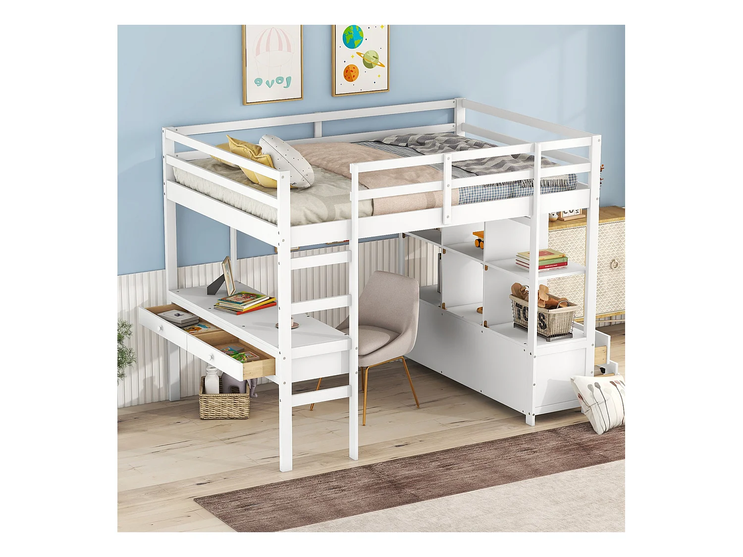 Lit mezzanine 140x200cm pour enfant - lit surélevé avec tiroirs de rangement, bureau et bibliothèque de rangement sous le lit - blanc