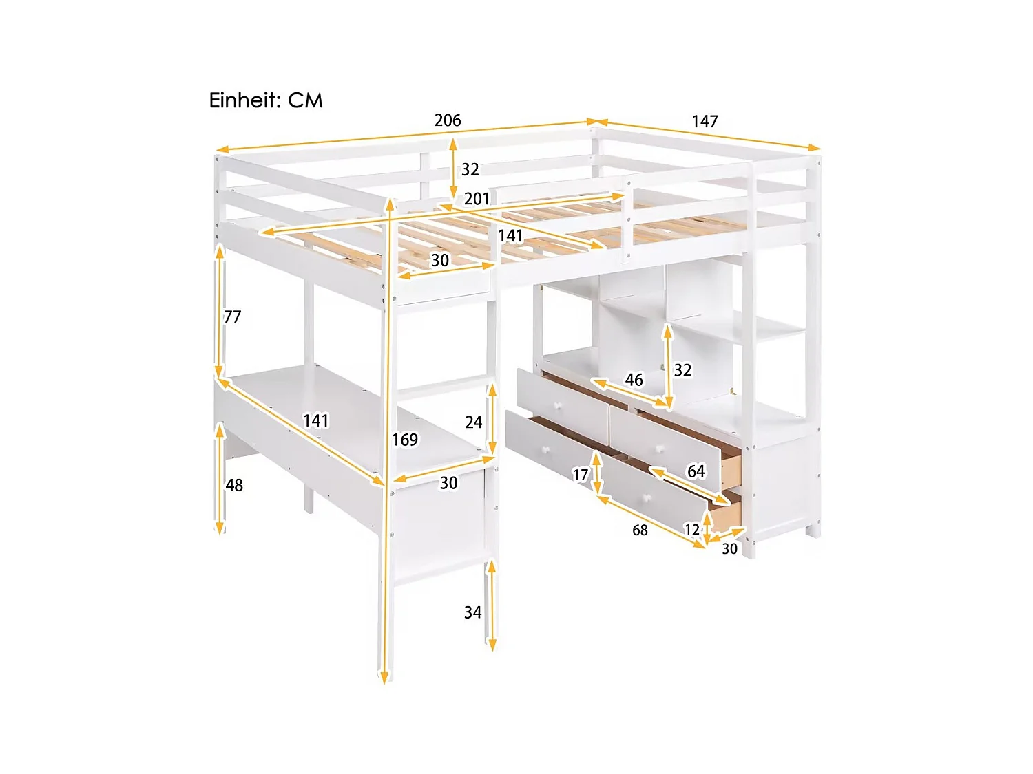 Lit mezzanine 140x200cm pour enfant - lit surélevé avec tiroirs de rangement, bureau et bibliothèque de rangement sous le lit - blanc