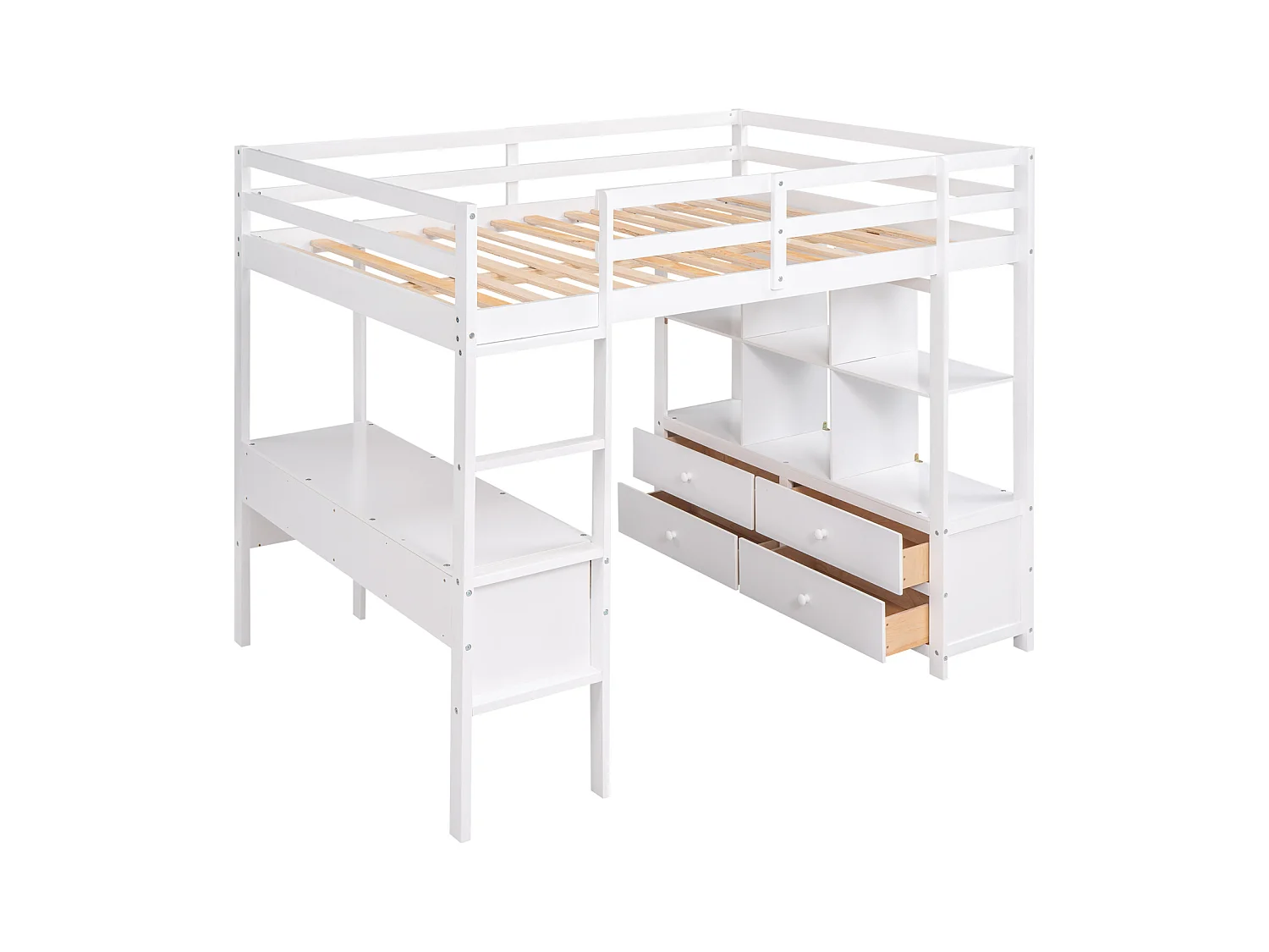 Lit mezzanine 140x200cm pour enfant - lit surélevé avec tiroirs de rangement, bureau et bibliothèque de rangement sous le lit - blanc