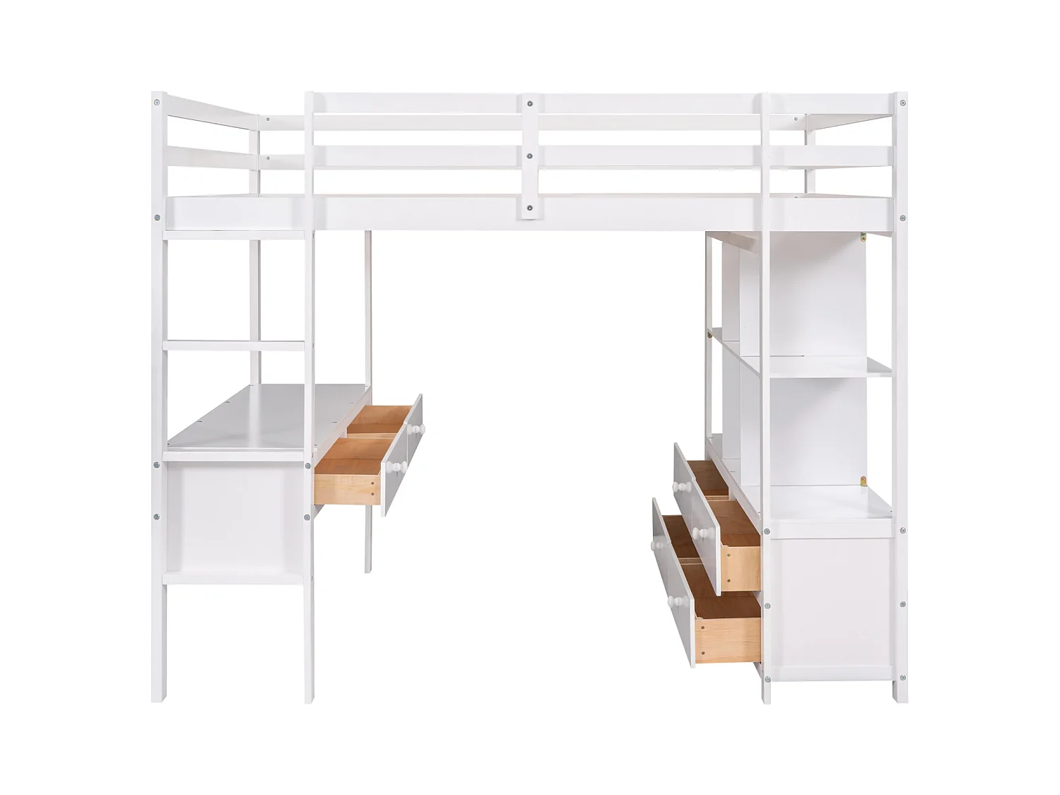 Lit mezzanine 140x200cm pour enfant - lit surélevé avec tiroirs de rangement, bureau et bibliothèque de rangement sous le lit - blanc