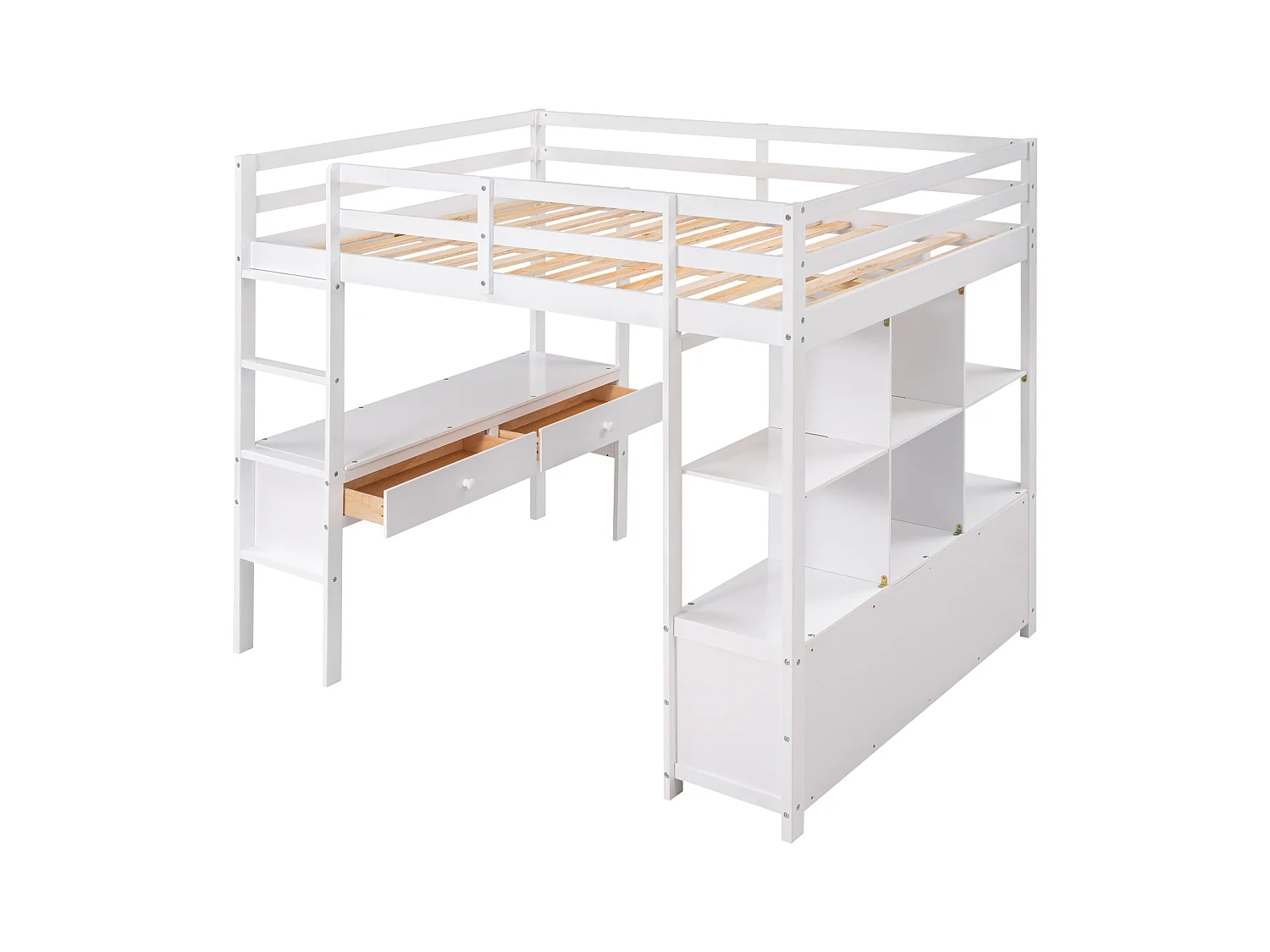 Lit mezzanine 140x200cm pour enfant - lit surélevé avec tiroirs de rangement, bureau et bibliothèque de rangement sous le lit - blanc