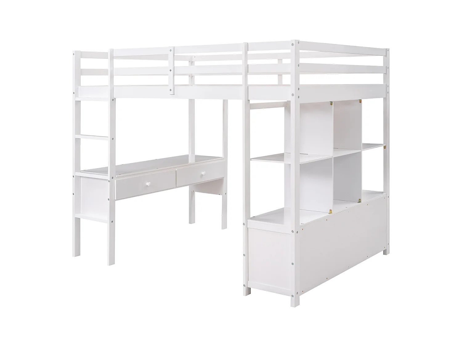 Lit mezzanine 140x200cm pour enfant - lit surélevé avec tiroirs de rangement, bureau et bibliothèque de rangement sous le lit - blanc