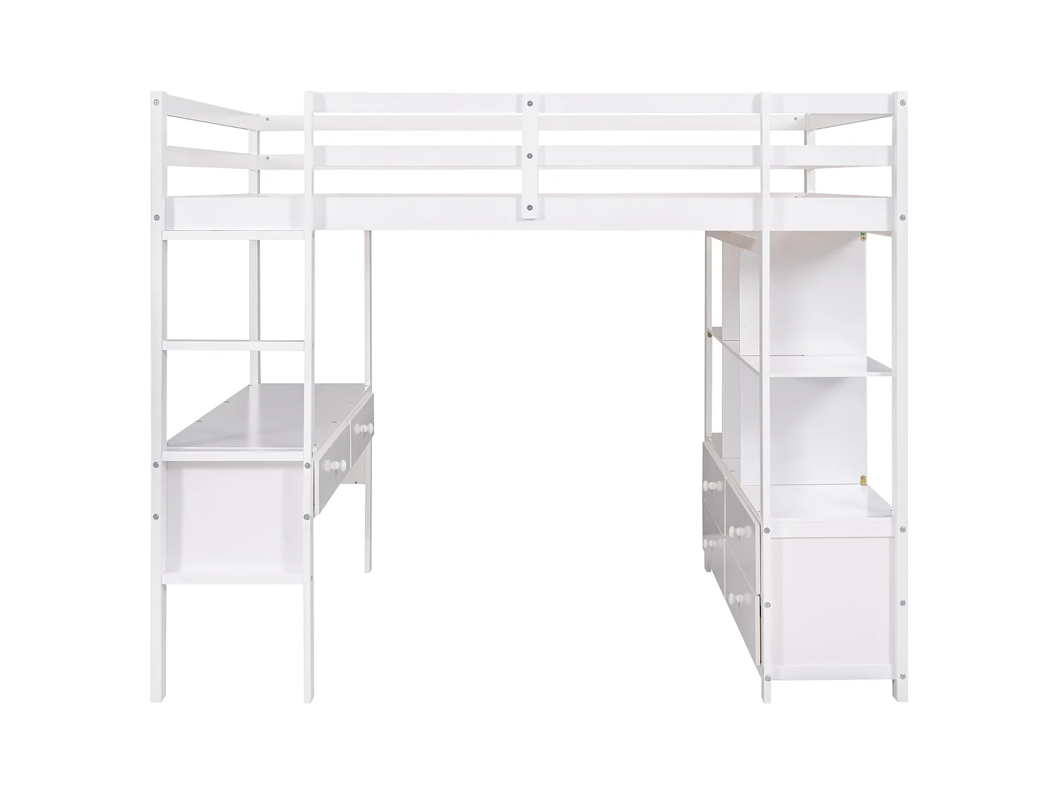 Lit mezzanine 140x200cm pour enfant - lit surélevé avec tiroirs de rangement, bureau et bibliothèque de rangement sous le lit - blanc
