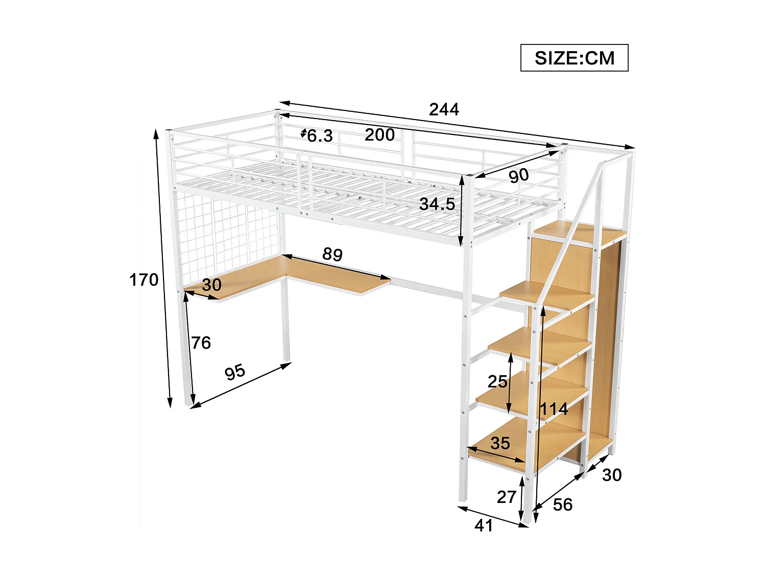 Lit mezzanine 90x200cm, lit enfant avec table et armoire, échelle latérale, acier + MDF, blanc