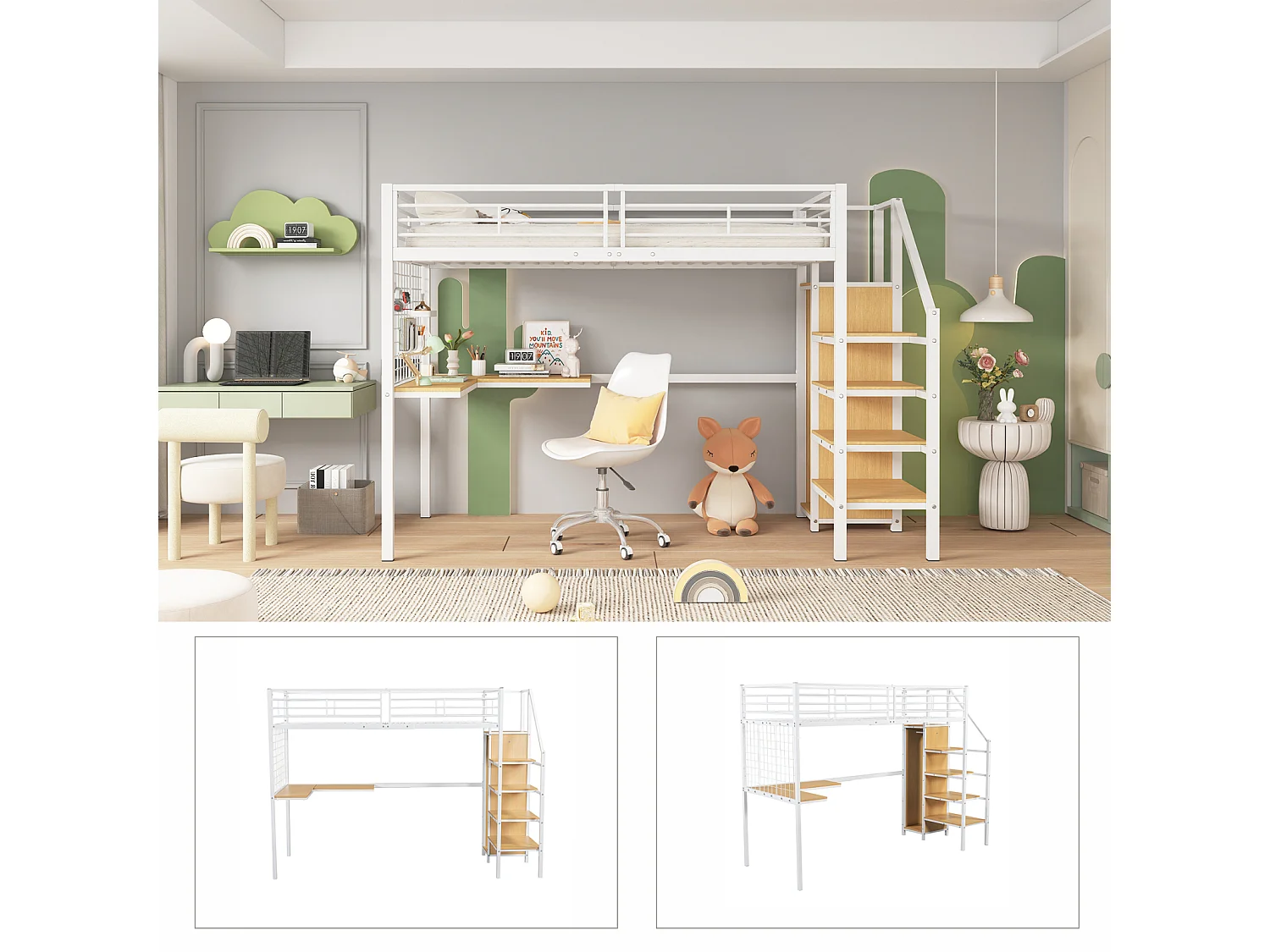 Lit mezzanine 90x200cm, lit enfant avec table et armoire, échelle latérale, acier + MDF, blanc