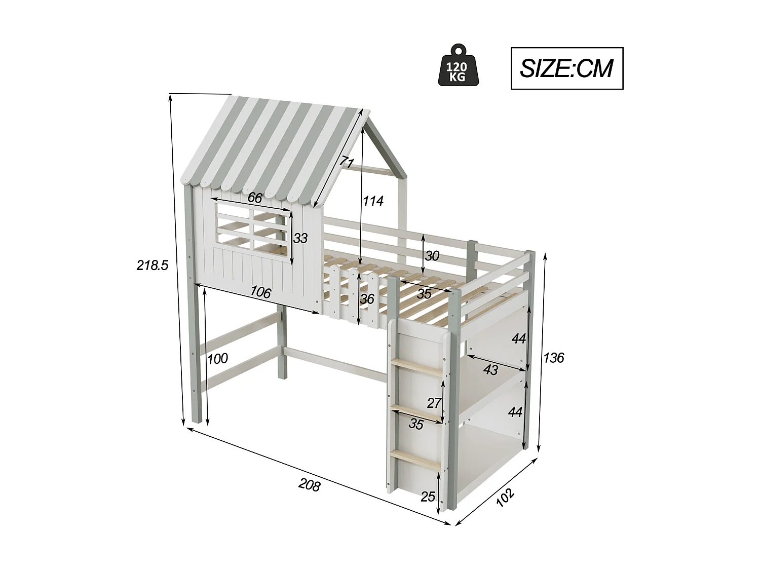 Lit mezzanine 90x200cm, lit cabane d'enfant en forme de toit avec échelle, étagère de rangement, en bois massif avec sommier à lattes, vert