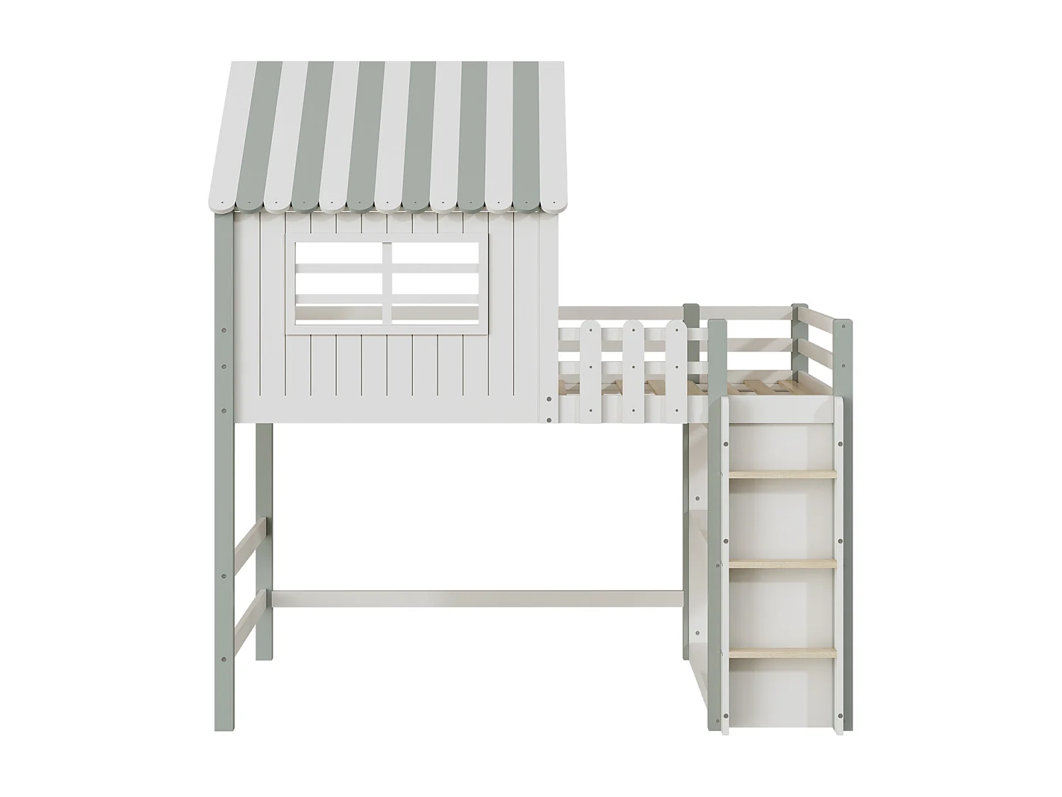 Lit mezzanine 90x200cm, lit cabane d'enfant en forme de toit avec échelle, étagère de rangement, en bois massif avec sommier à lattes, vert