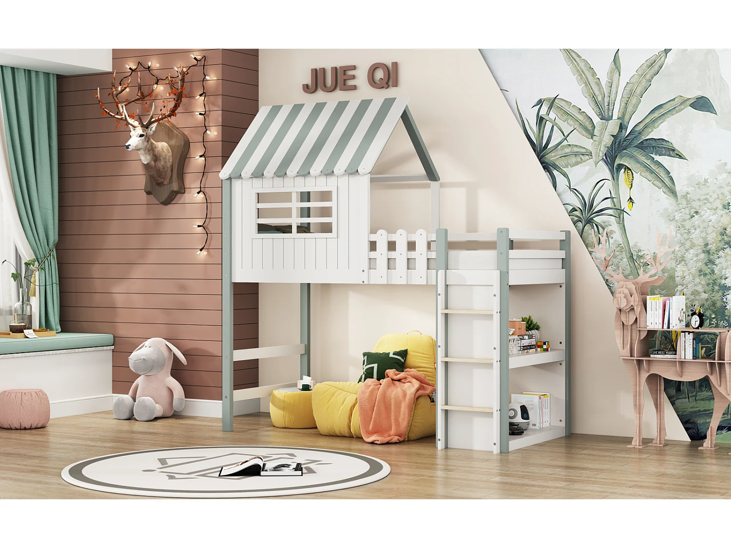 Lit mezzanine 90x200cm, lit cabane d'enfant en forme de toit avec échelle, étagère de rangement, en bois massif avec sommier à lattes, vert