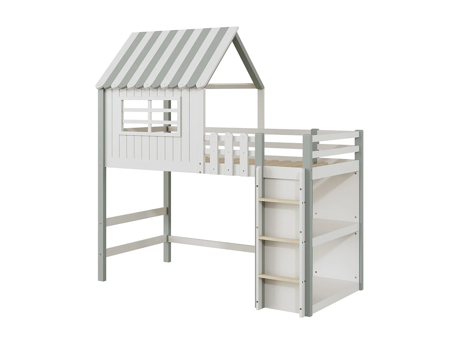 Lit mezzanine 90x200cm, lit cabane d'enfant en forme de toit avec échelle, étagère de rangement, en bois massif avec sommier à lattes, vert