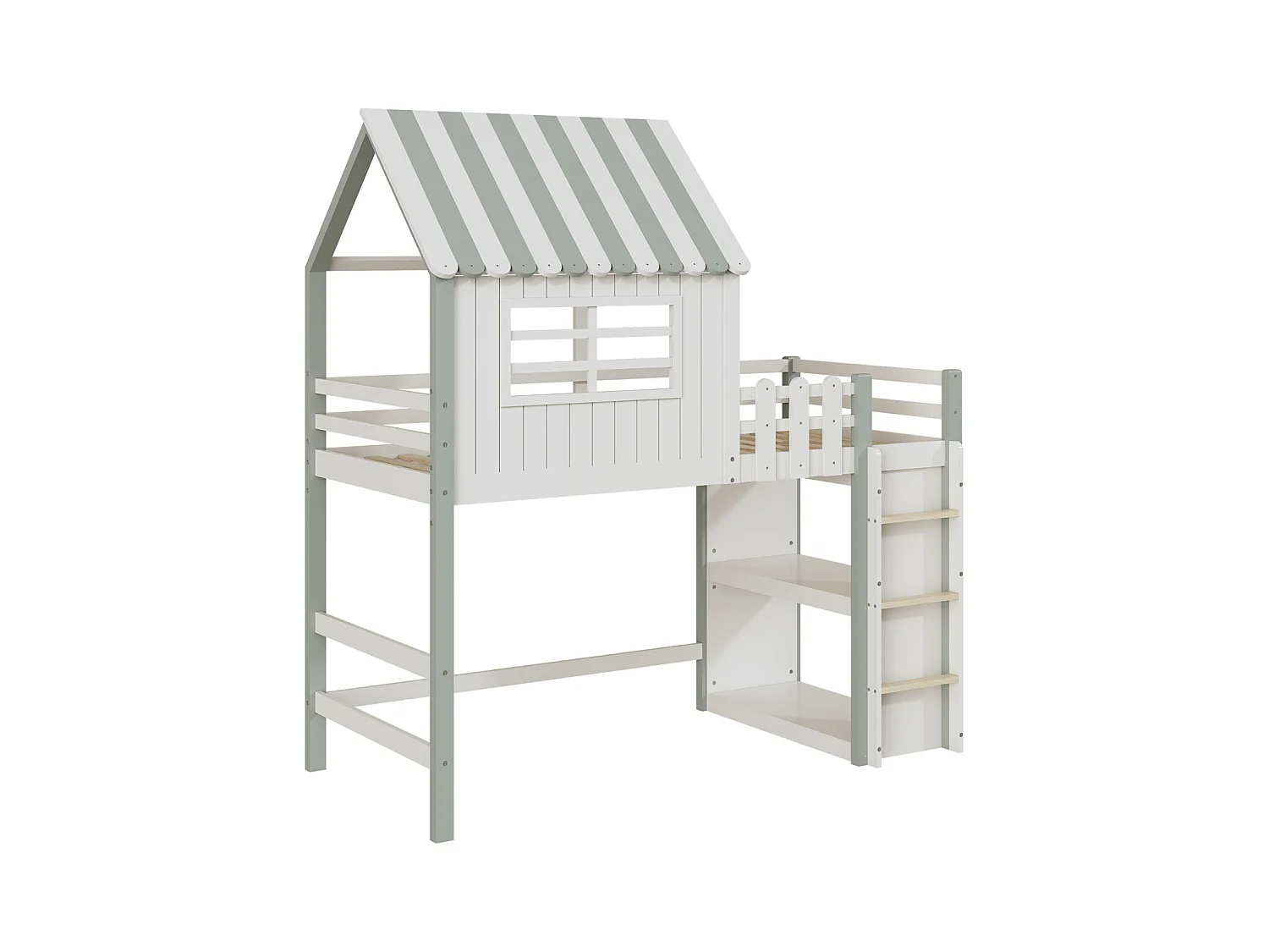 Lit mezzanine 90x200cm, lit cabane d'enfant en forme de toit avec échelle, étagère de rangement, en bois massif avec sommier à lattes, vert