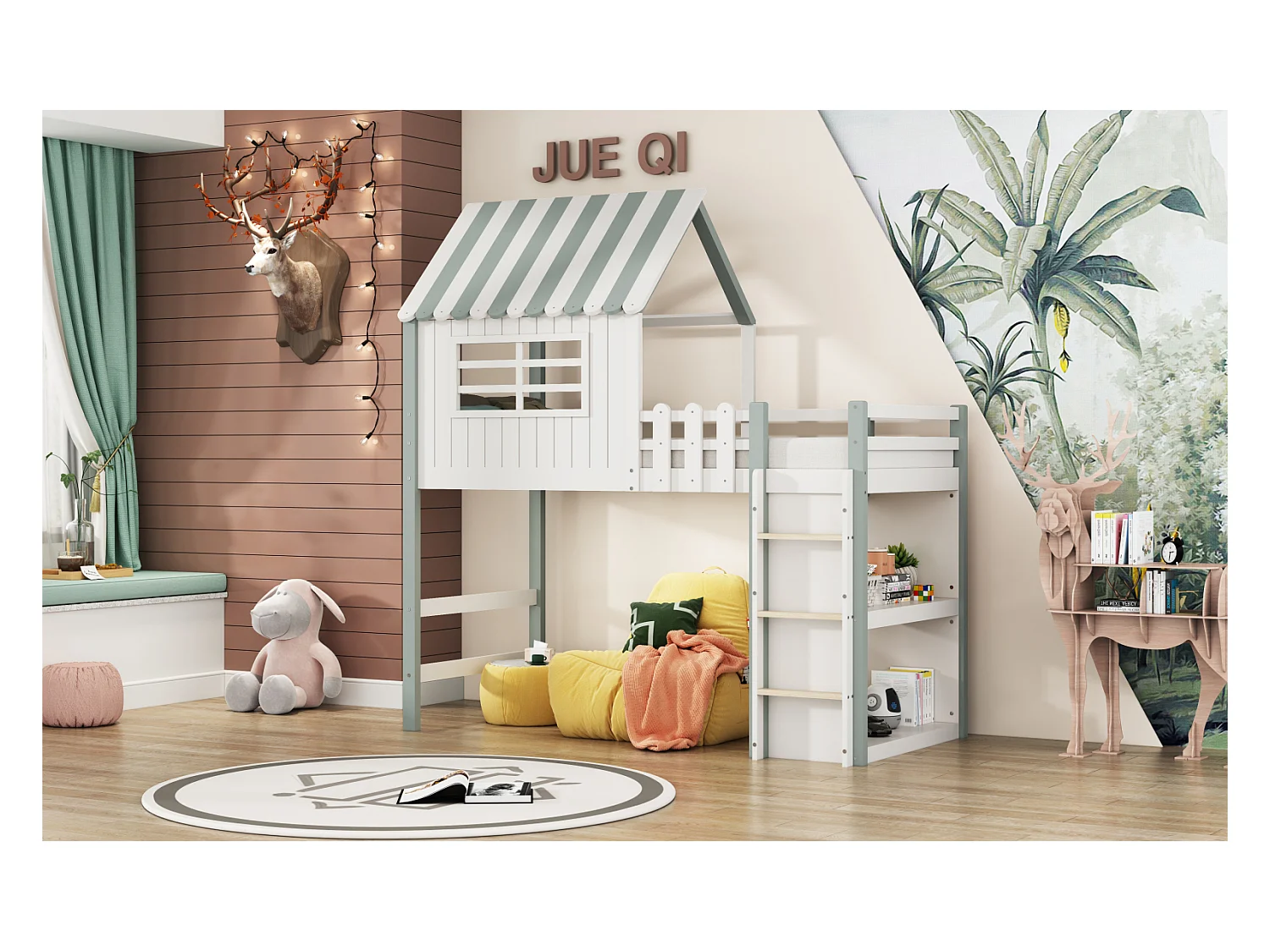 Lit mezzanine 90x200cm, lit cabane d'enfant en forme de toit avec échelle, étagère de rangement, en bois massif avec sommier à lattes, vert