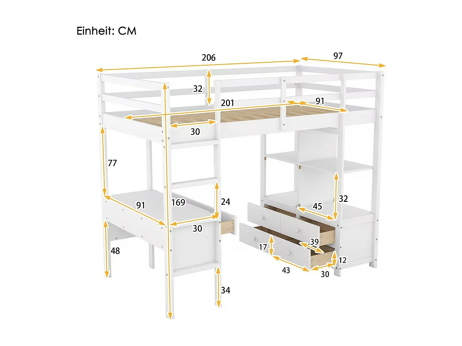 Lit mezzanine 90x200cm pour enfant - lit surélevé avec tiroirs de rangement, bureau et bibliothèque de rangement sous le lit - blanc