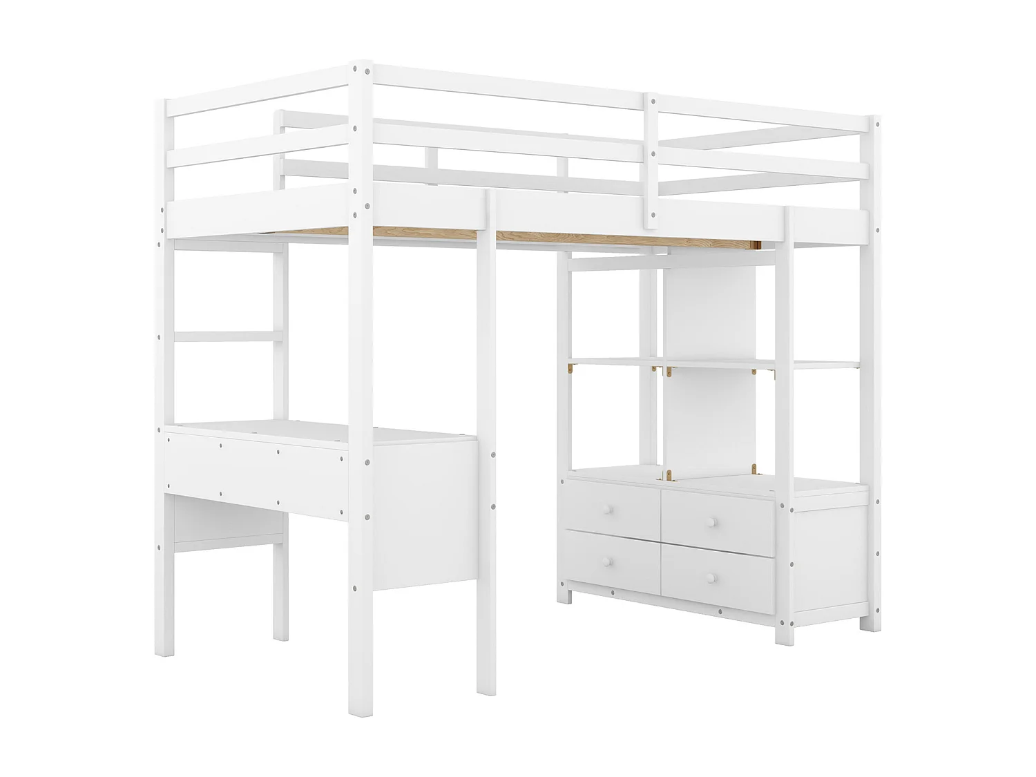 Lit mezzanine 90x200cm pour enfant - lit surélevé avec tiroirs de rangement, bureau et bibliothèque de rangement sous le lit - blanc