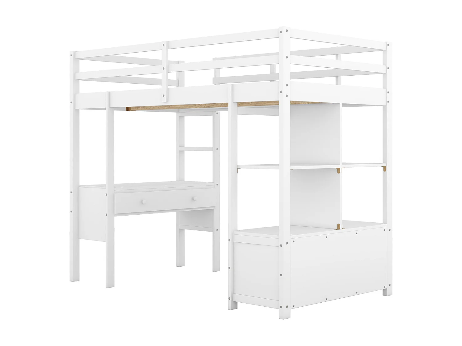 Lit mezzanine 90x200cm pour enfant - lit surélevé avec tiroirs de rangement, bureau et bibliothèque de rangement sous le lit - blanc