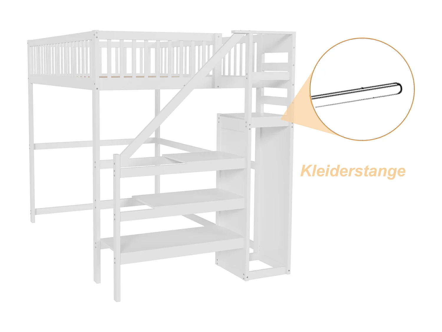 Cama alta 140x200cm - cama infantil con escalera, armario, somier de láminas, protección anticaídas - blanca