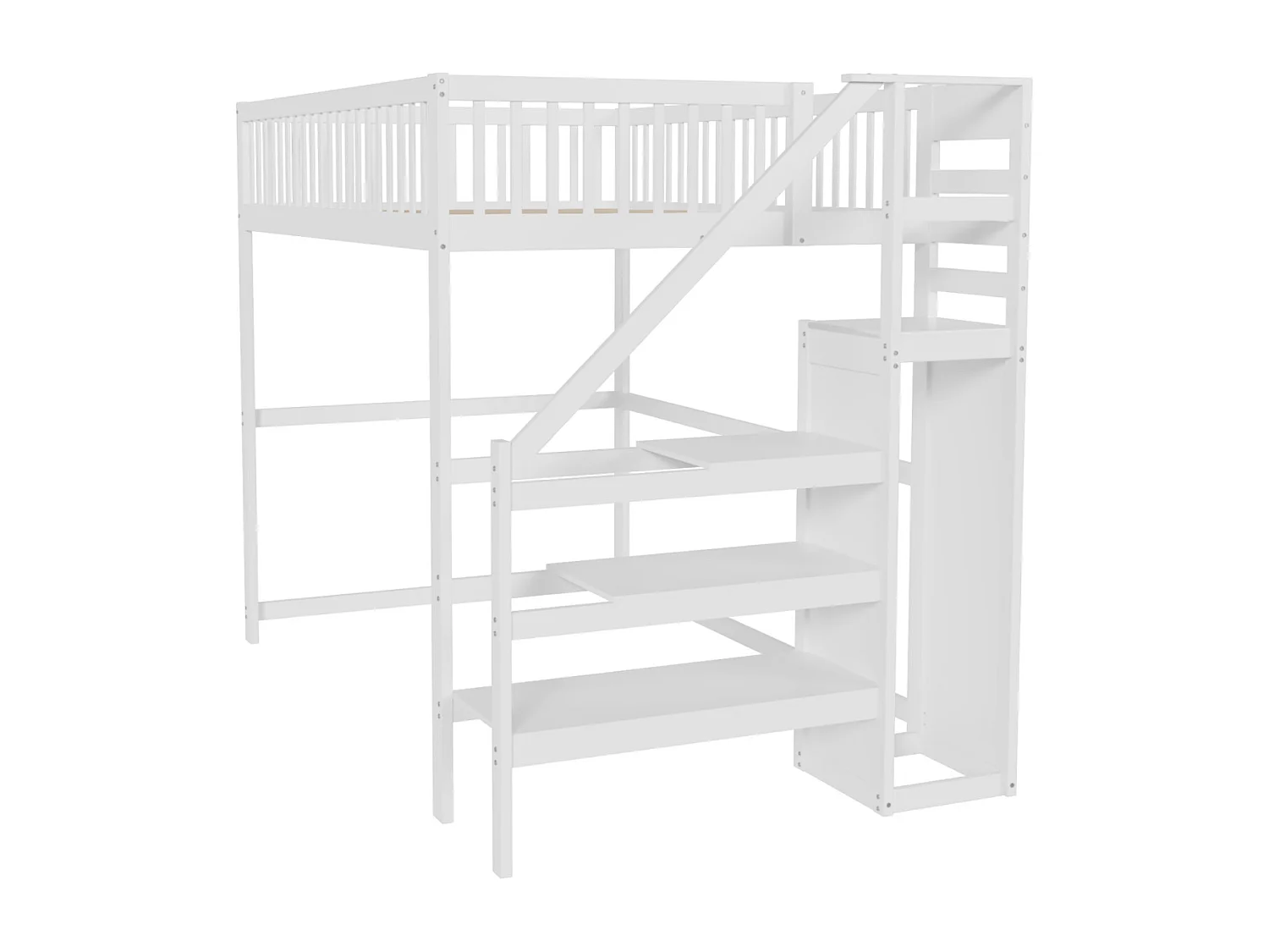 Cama alta 140x200cm - cama infantil con escalera, armario, somier de láminas, protección anticaídas - blanca