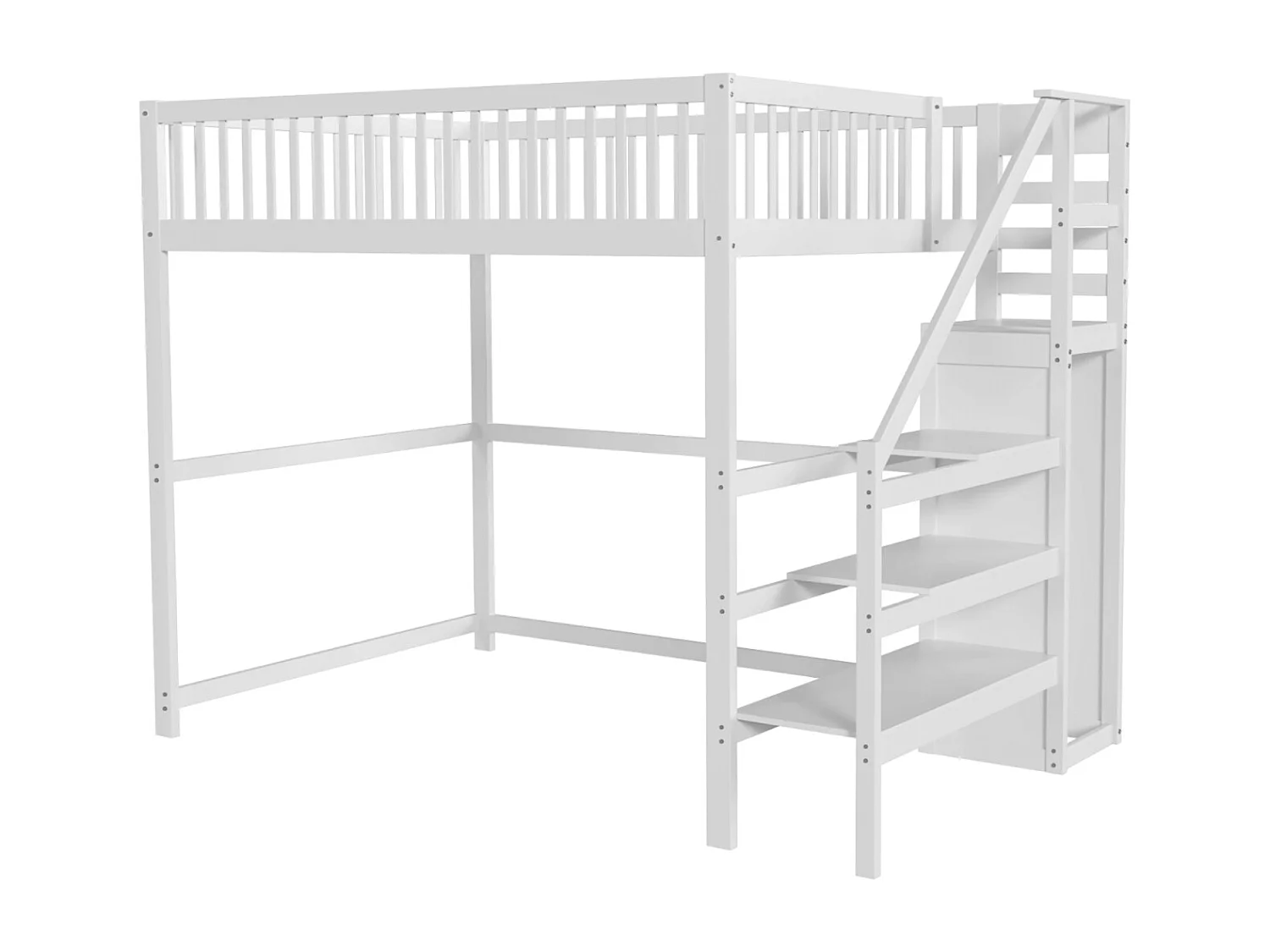 Cama alta 140x200cm - cama infantil con escalera, armario, somier de láminas, protección anticaídas - blanca