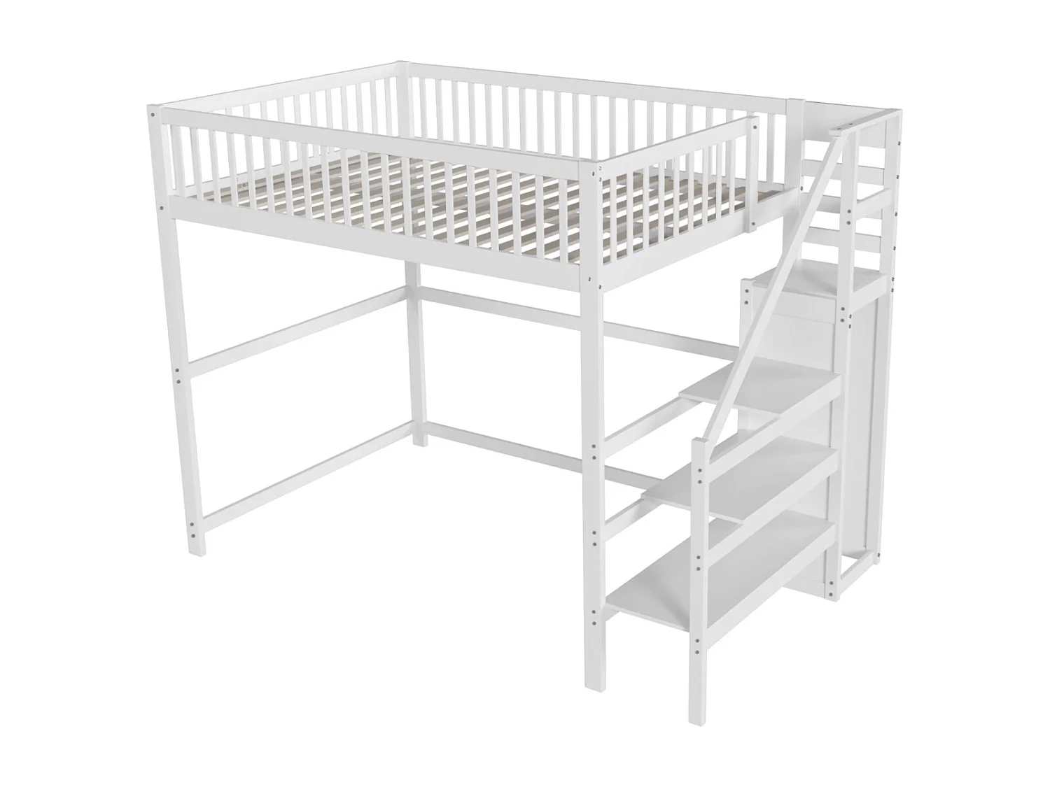 Lit mezzanine 140x200cm - lit enfant avec escalier avec armoir, sommier à lattes, antichute - blanc