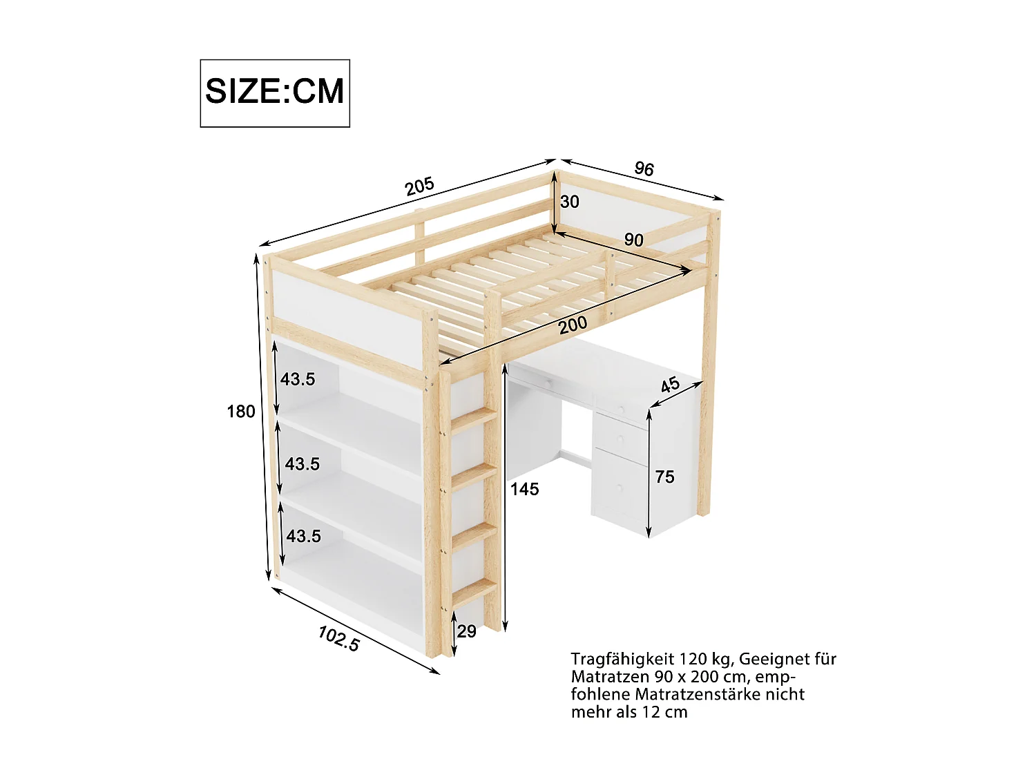 Letto a soppalco 90 x 200 cm con armadietti e tavolo per computer, letto a soppalco multifunzionale per bambini in legno naturale