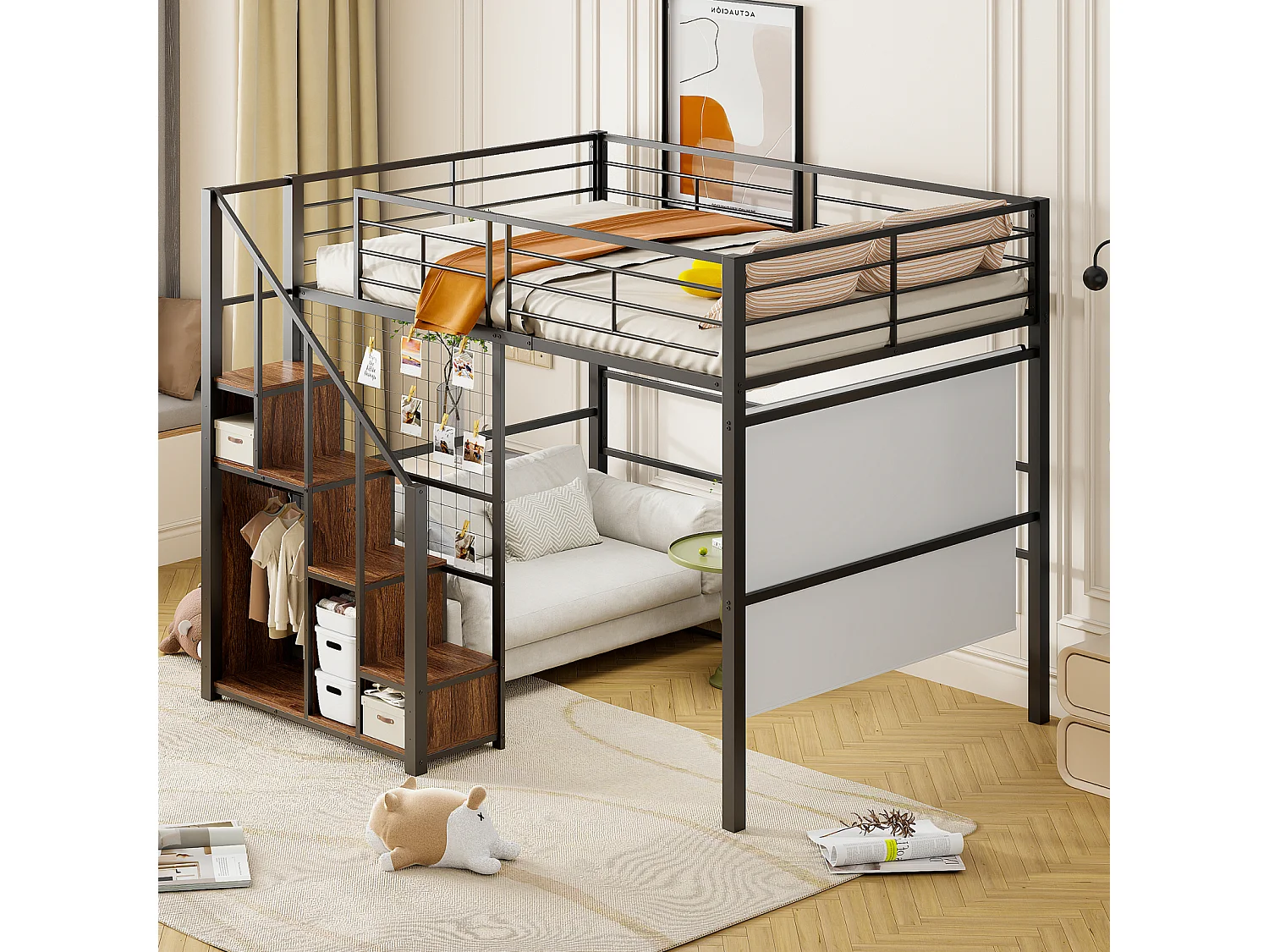 Lit mezzanine 140x200cm, lit enfant avec escalier de armoire de rangement, anti-chutes, structure en fer, noir