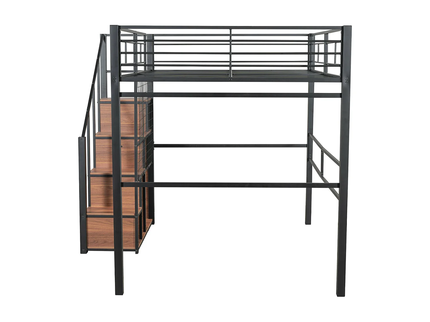 Lit mezzanine 140x200cm, lit enfant avec escalier de armoire de rangement, anti-chutes, structure en fer, noir