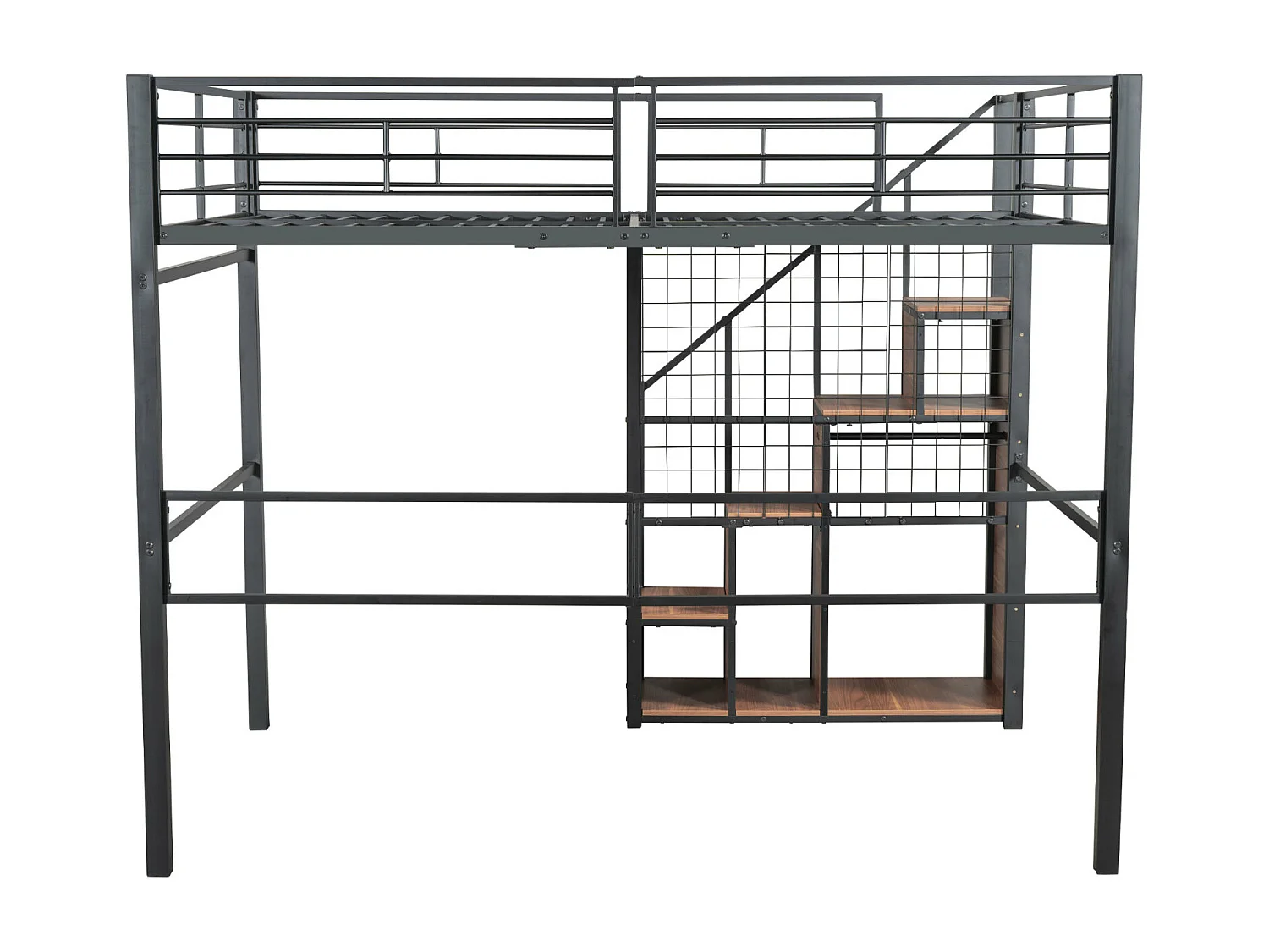 Lit mezzanine 140x200cm, lit enfant avec escalier de armoire de rangement, anti-chutes, structure en fer, noir
