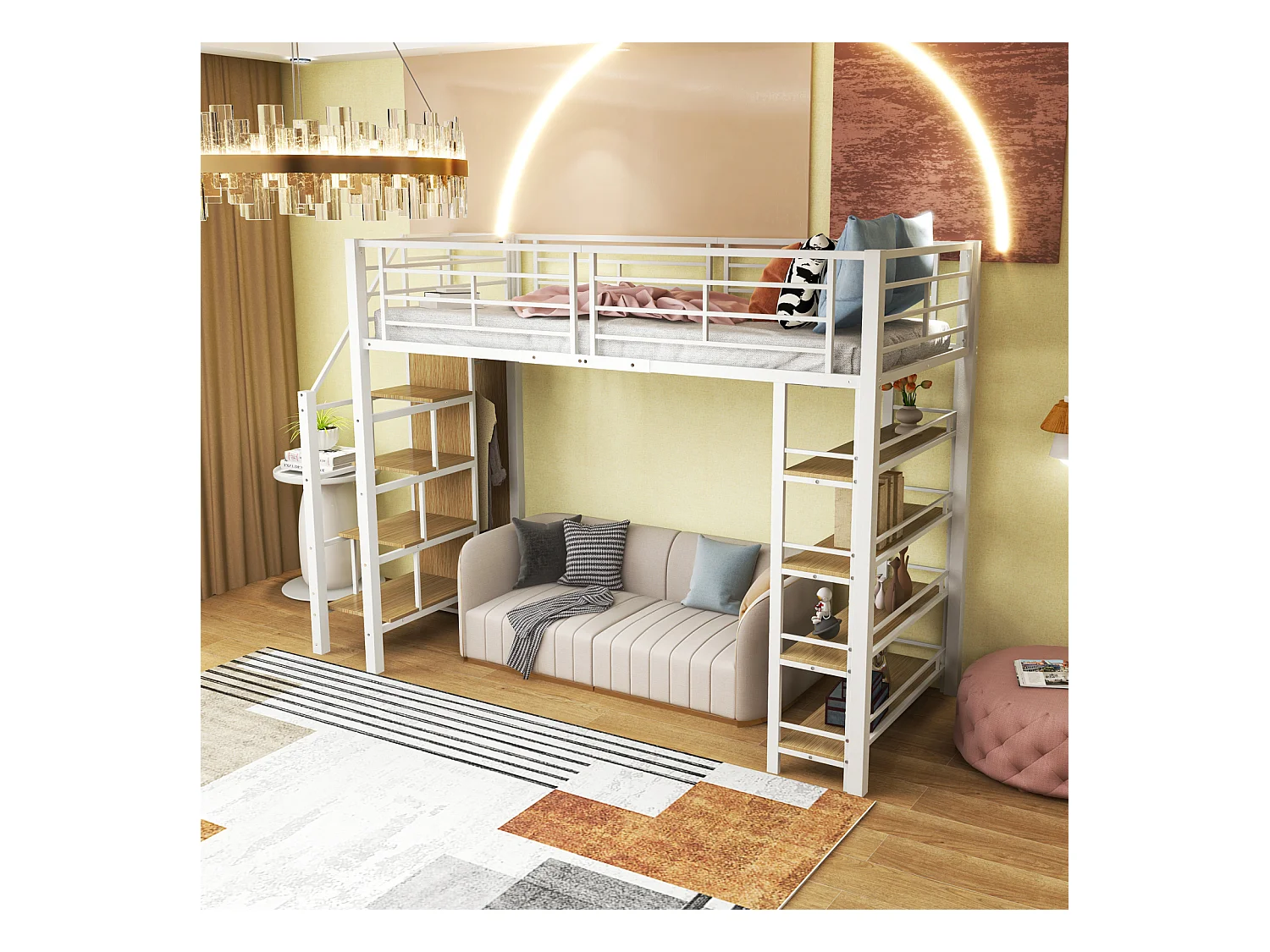 Hoogslaper 90x200cm, kinderbed met ladders en opbergplanken en kleine kledingkast, hoog hekdesign, wit
