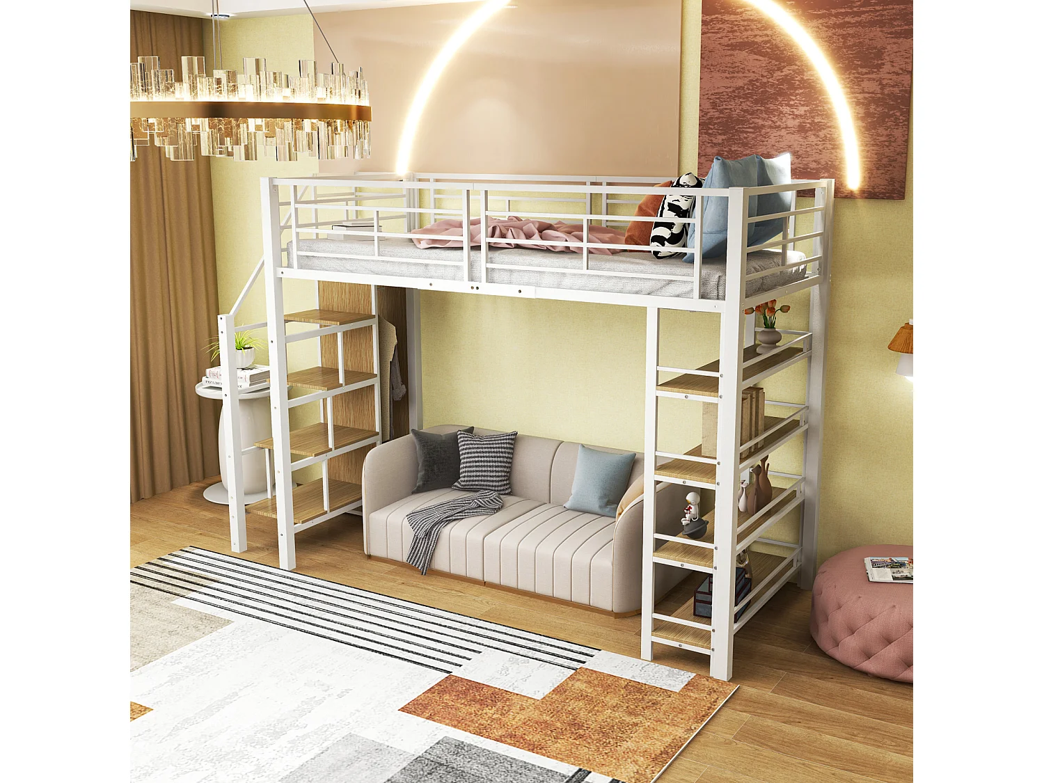 Lit mezzanine 90x200cm, lit enfant avec échelles et étagères de rangement et petite penderie, design haute clôture, blanc