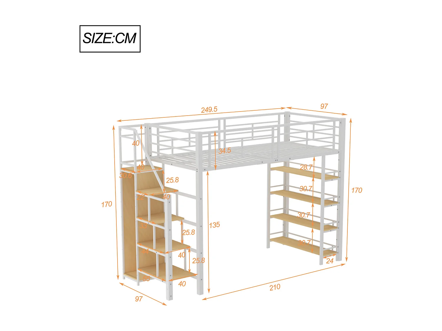 Lit mezzanine 90x200cm, lit enfant avec échelles et étagères de rangement et petite penderie, design haute clôture, blanc