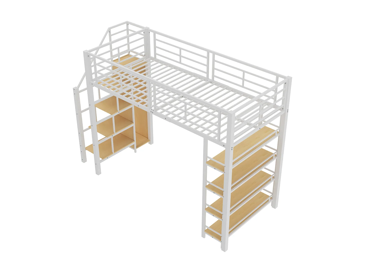 Lit mezzanine 90x200cm, lit enfant avec échelles et étagères de rangement et petite penderie, design haute clôture, blanc