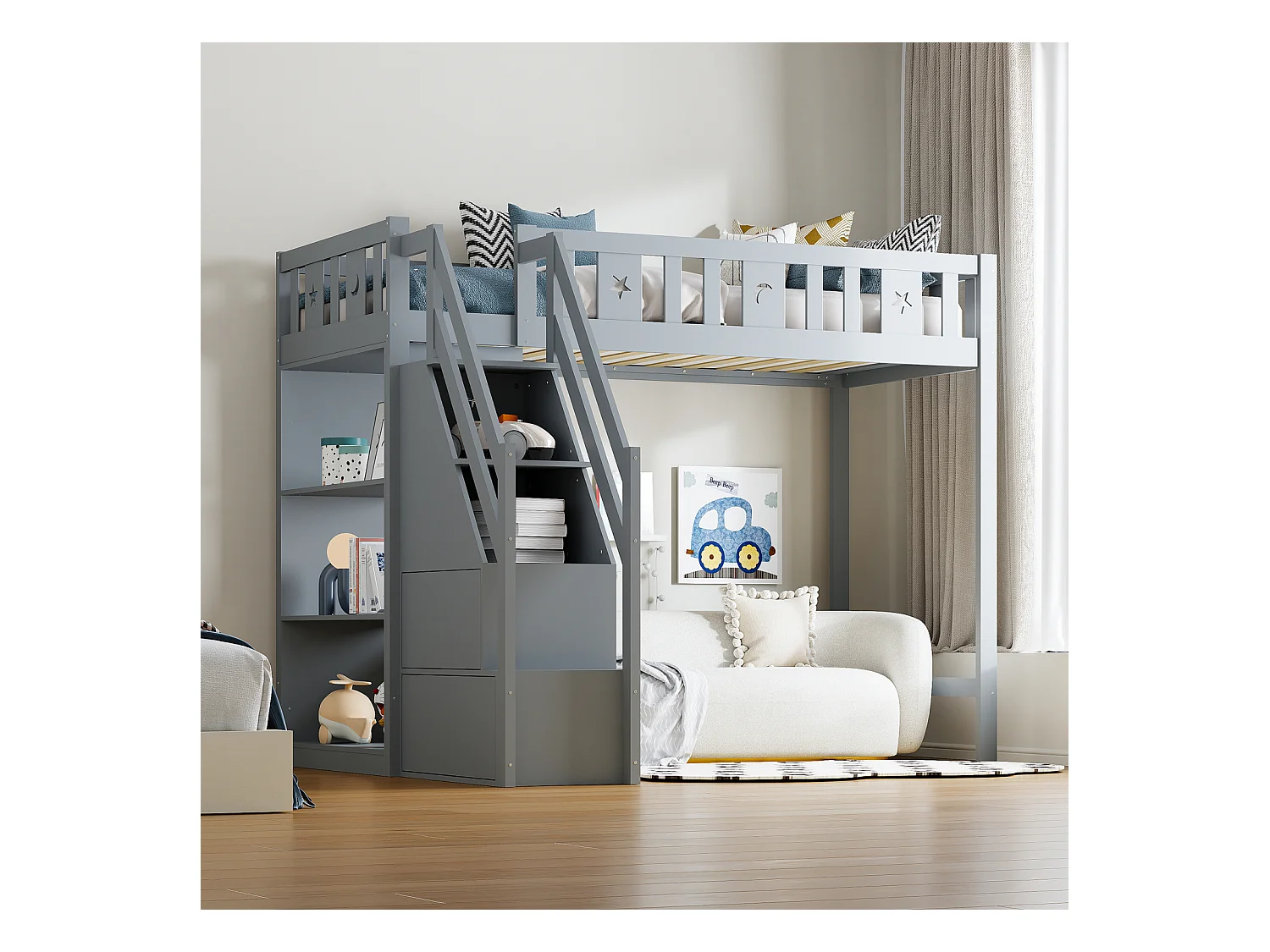 Hoogslaper 90x200 cm, kinderbed met ladder en opbergplanken, valbeveiliging, massief houten structuur, grijs