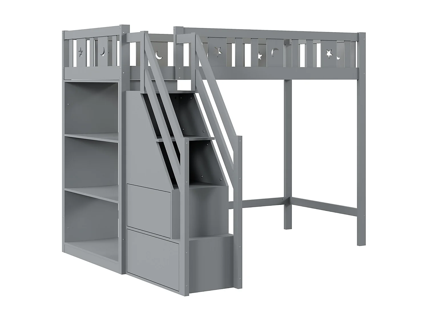 Hoogslaper 90x200 cm, kinderbed met ladder en opbergplanken, valbeveiliging, massief houten constructie, grijs