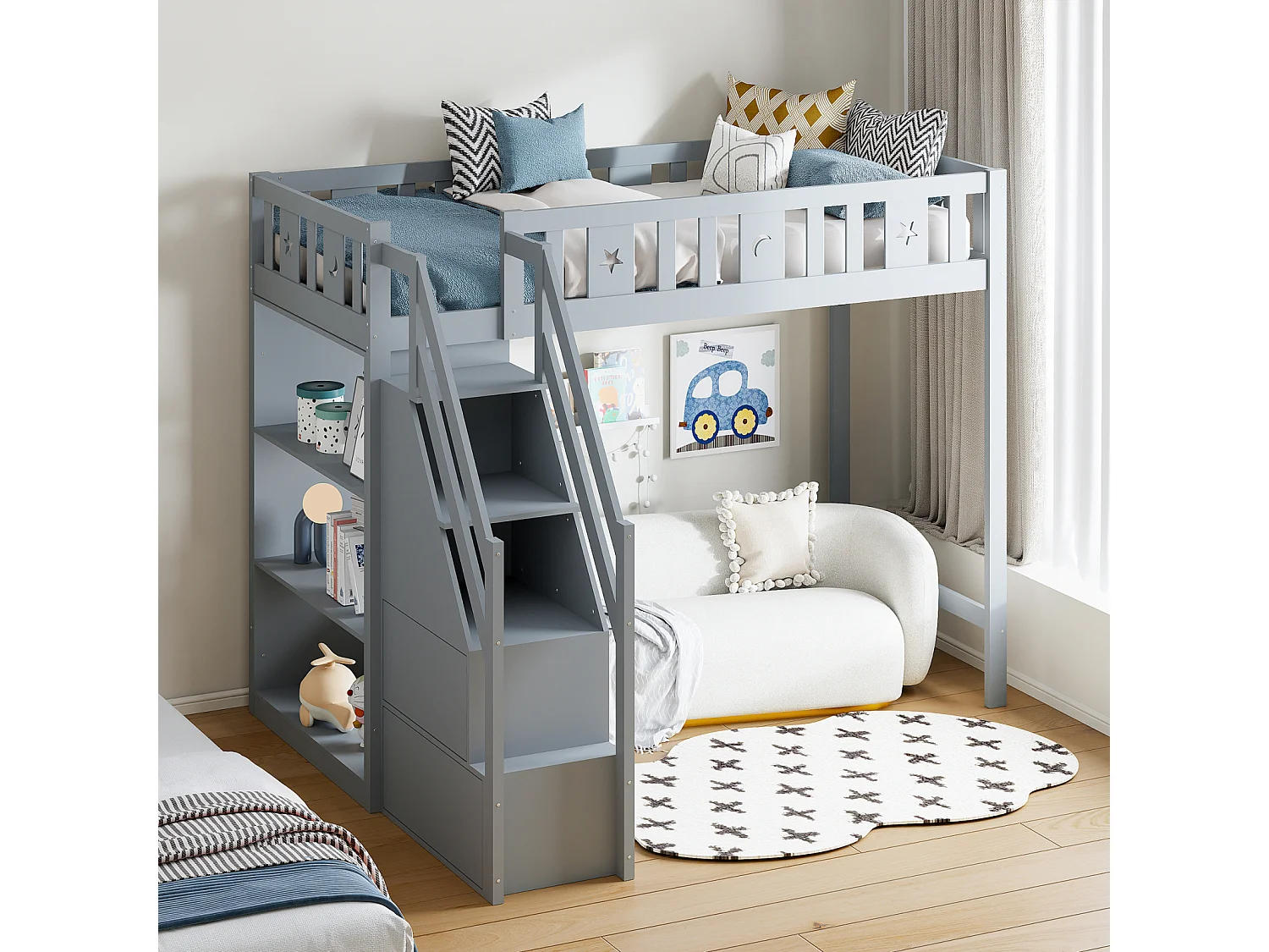 Hoogslaper 90x200 cm, kinderbed met ladder en opbergplanken, valbeveiliging, massief houten constructie, grijs