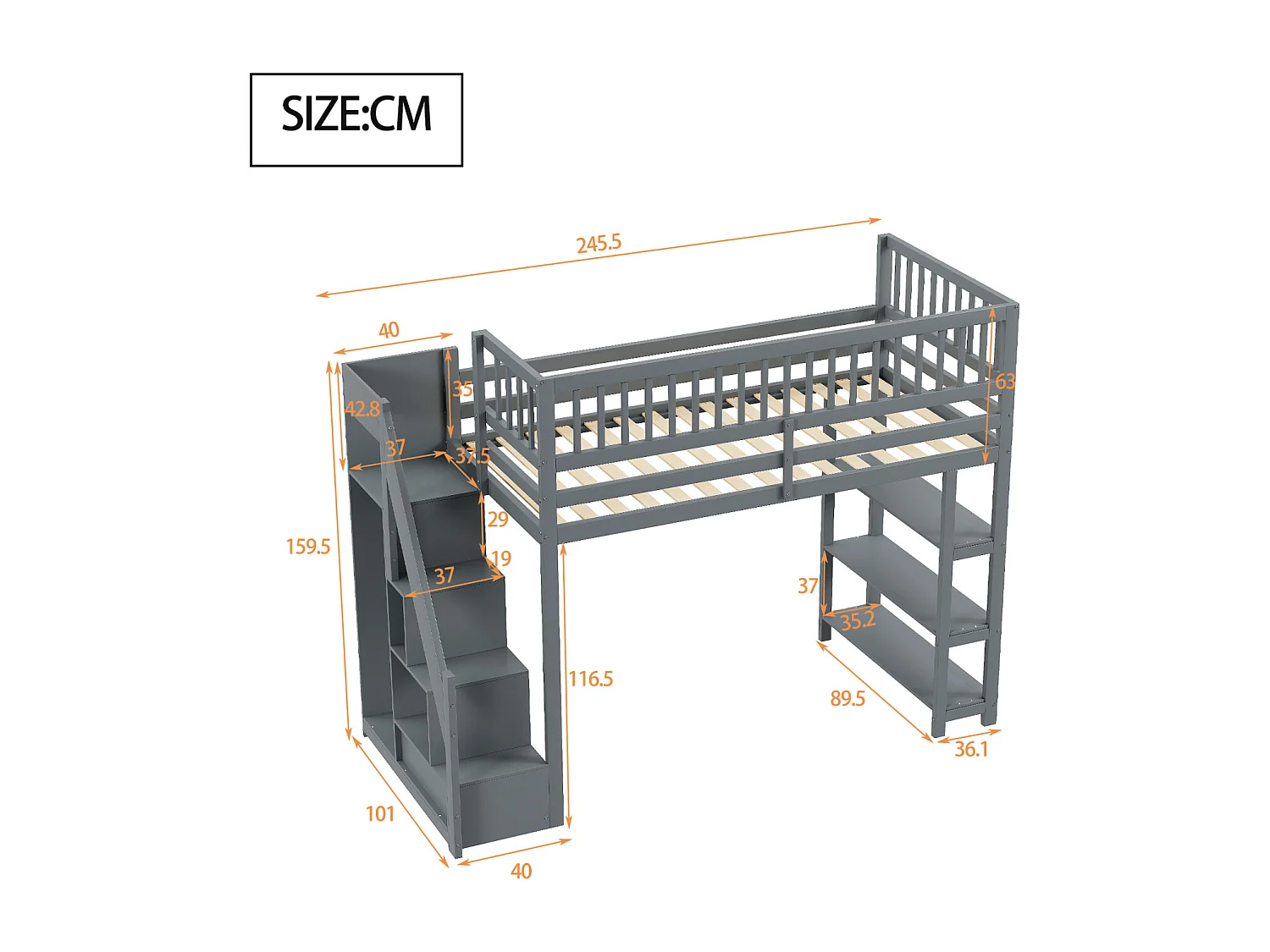 Letto a soppalco 90x200cm, letto a castello con armadio, ripiani e contenitore con ripiani e contenitore, griglia superiore anticaduta, grigio