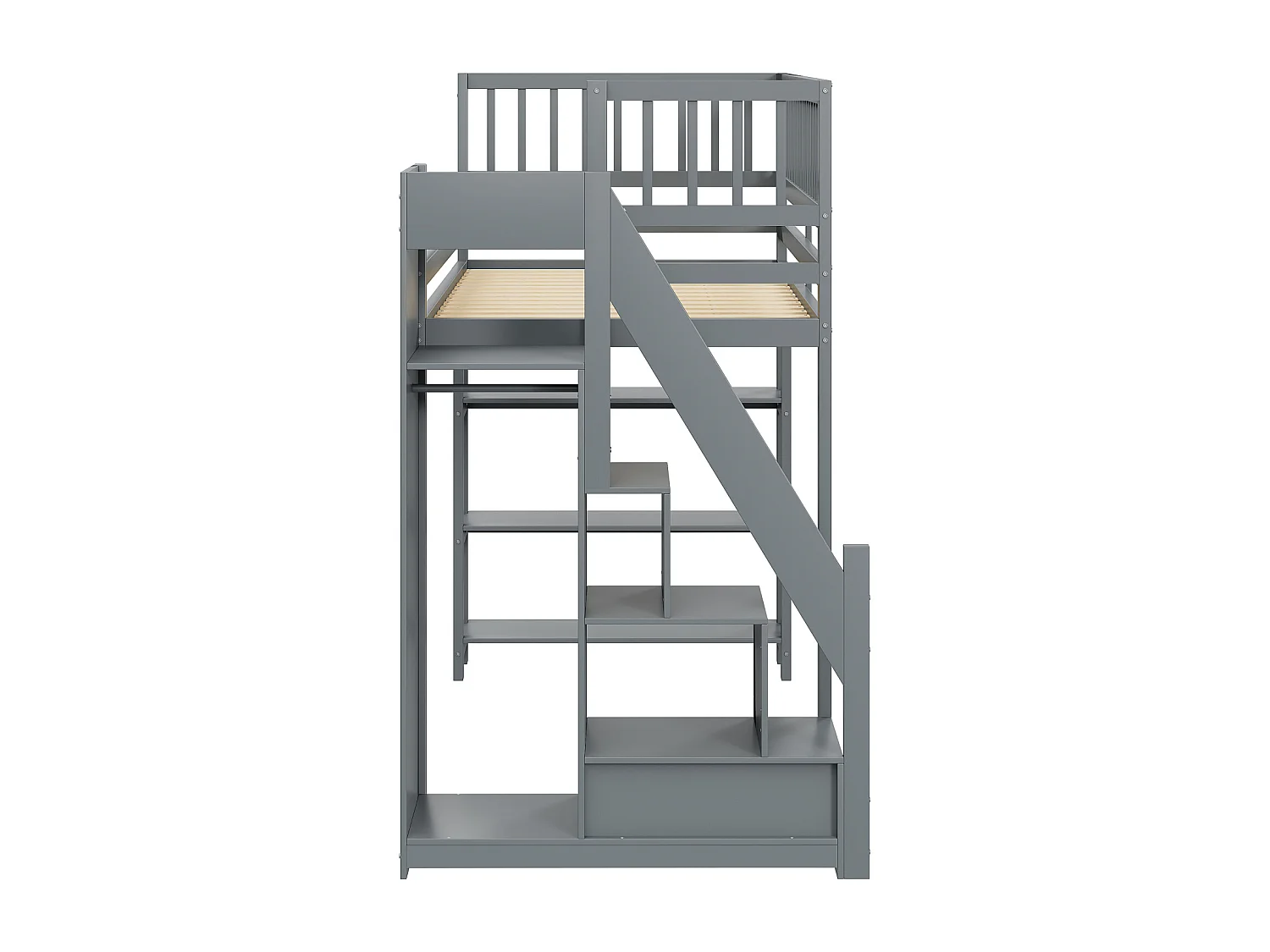 Letto a soppalco 90x200cm, letto a castello con armadio, ripiani e contenitore con ripiani e contenitore, griglia superiore anticaduta, grigio