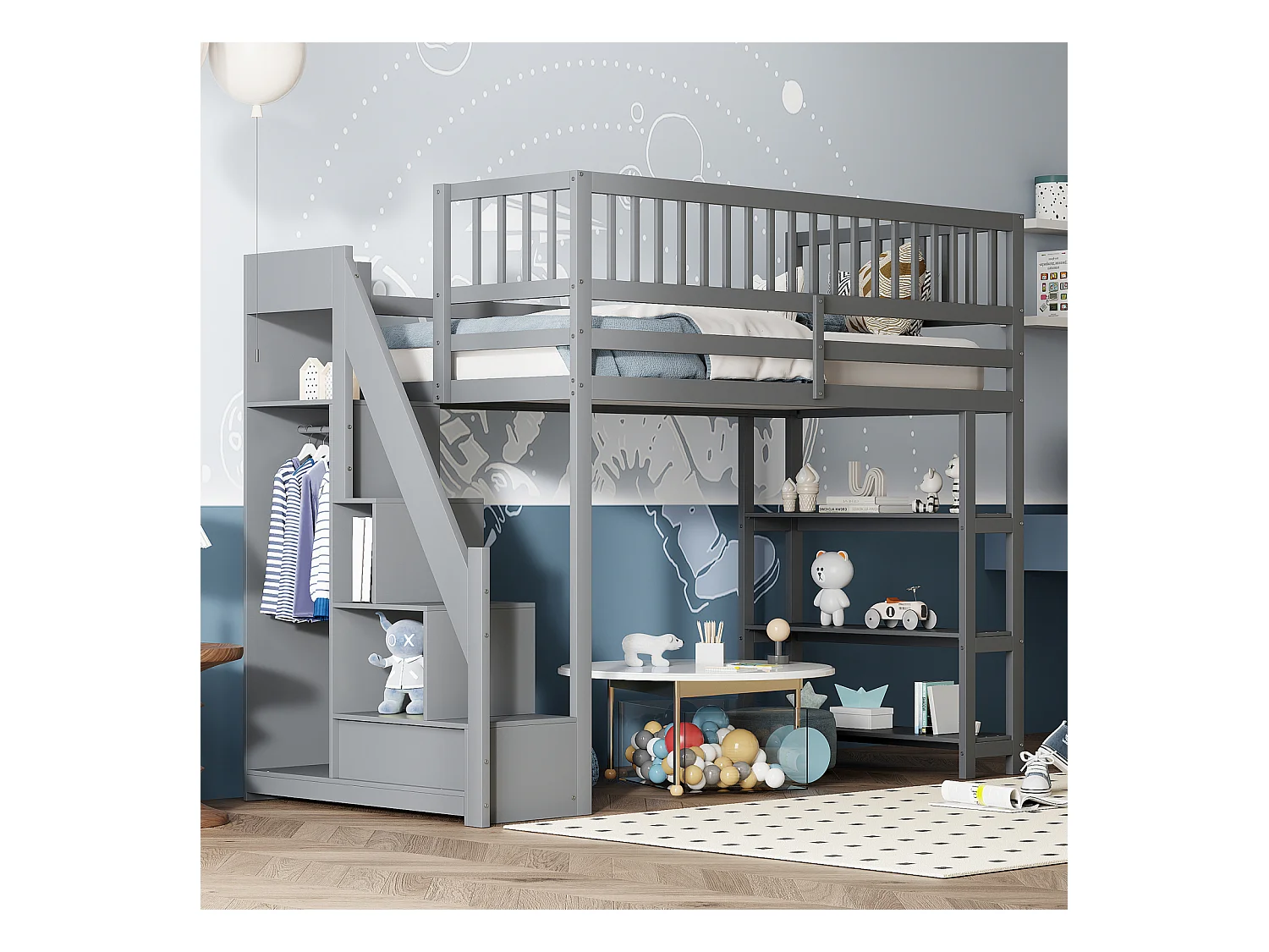 90x200cm mezzanine bed, hangbed met kledingkast, planken en opbergruimte met planken en opbergruimte, bovenste anti-val rooster, grijs