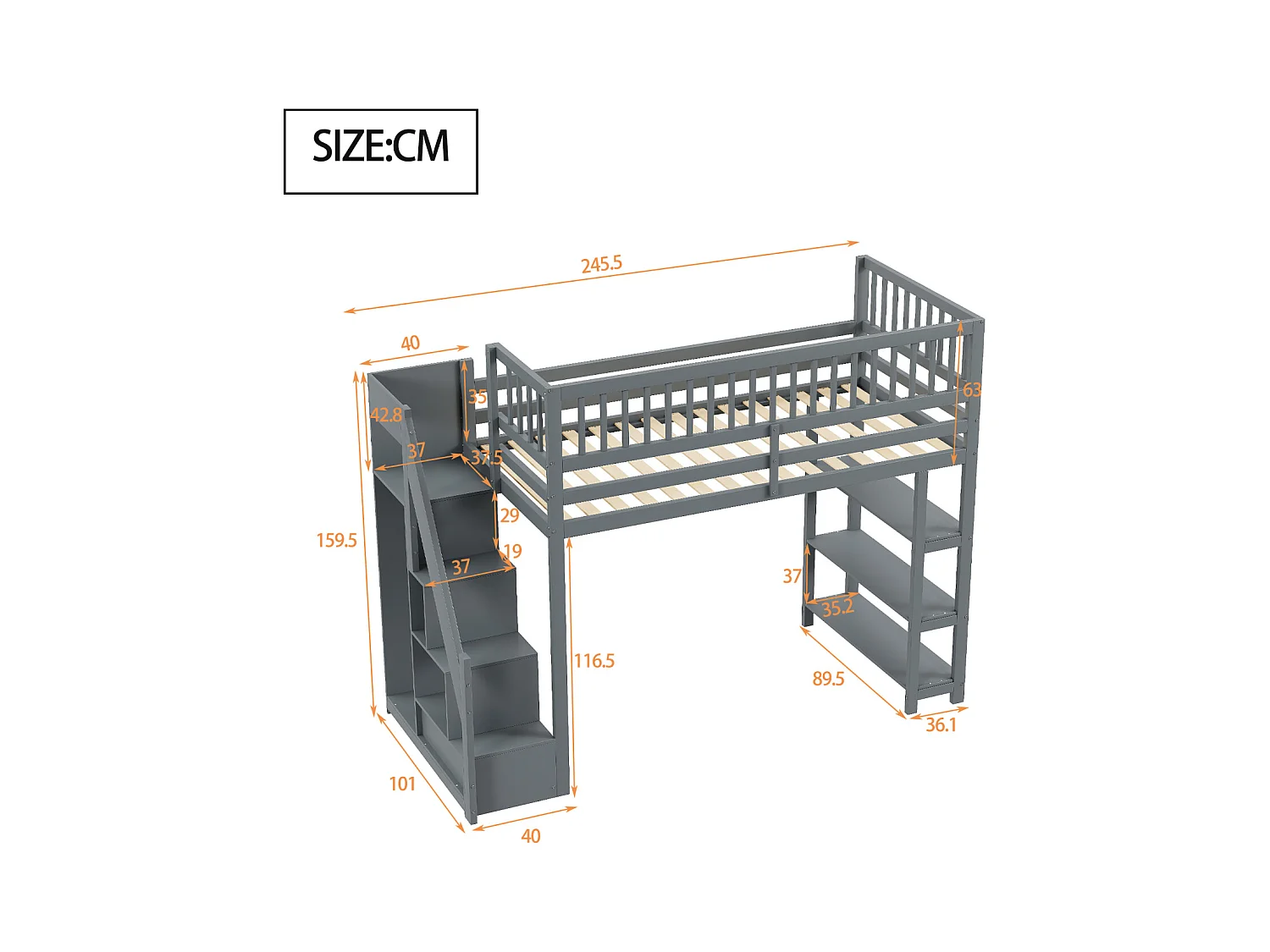 Lit mezzanine 90x200cm, lit endant avec penderie, étagères et rangements avec étagères et rangements, haut grille antichute, gris