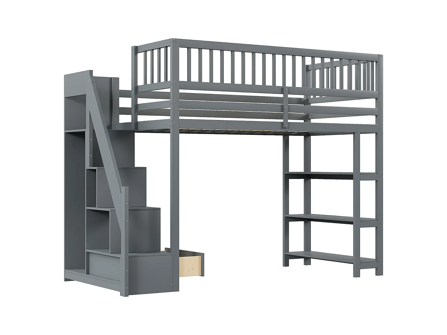 Lit mezzanine 90x200cm, lit endant avec penderie, étagères et rangements avec étagères et rangements, haut grille antichute, gris
