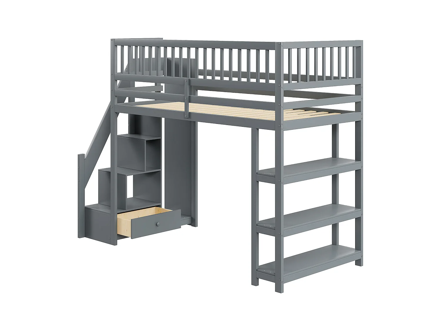 Lit mezzanine 90x200cm, lit endant avec penderie, étagères et rangements avec étagères et rangements, haut grille antichute, gris