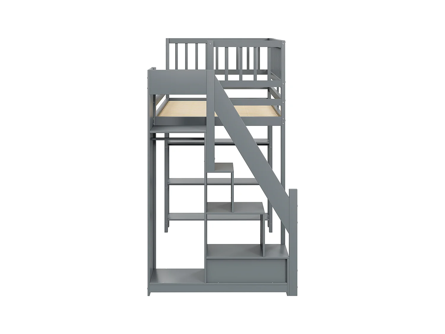 Lit mezzanine 90x200cm, lit endant avec penderie, étagères et rangements avec étagères et rangements, haut grille antichute, gris