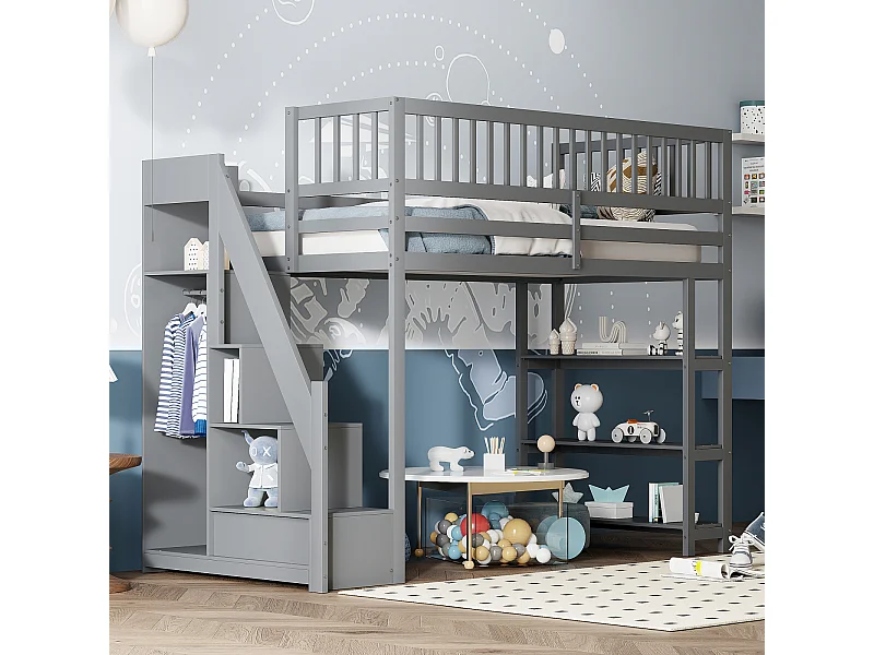 Lit mezzanine 90x200cm, lit endant avec penderie, étagères et rangements avec étagères et rangements, haut grille antichute, gris