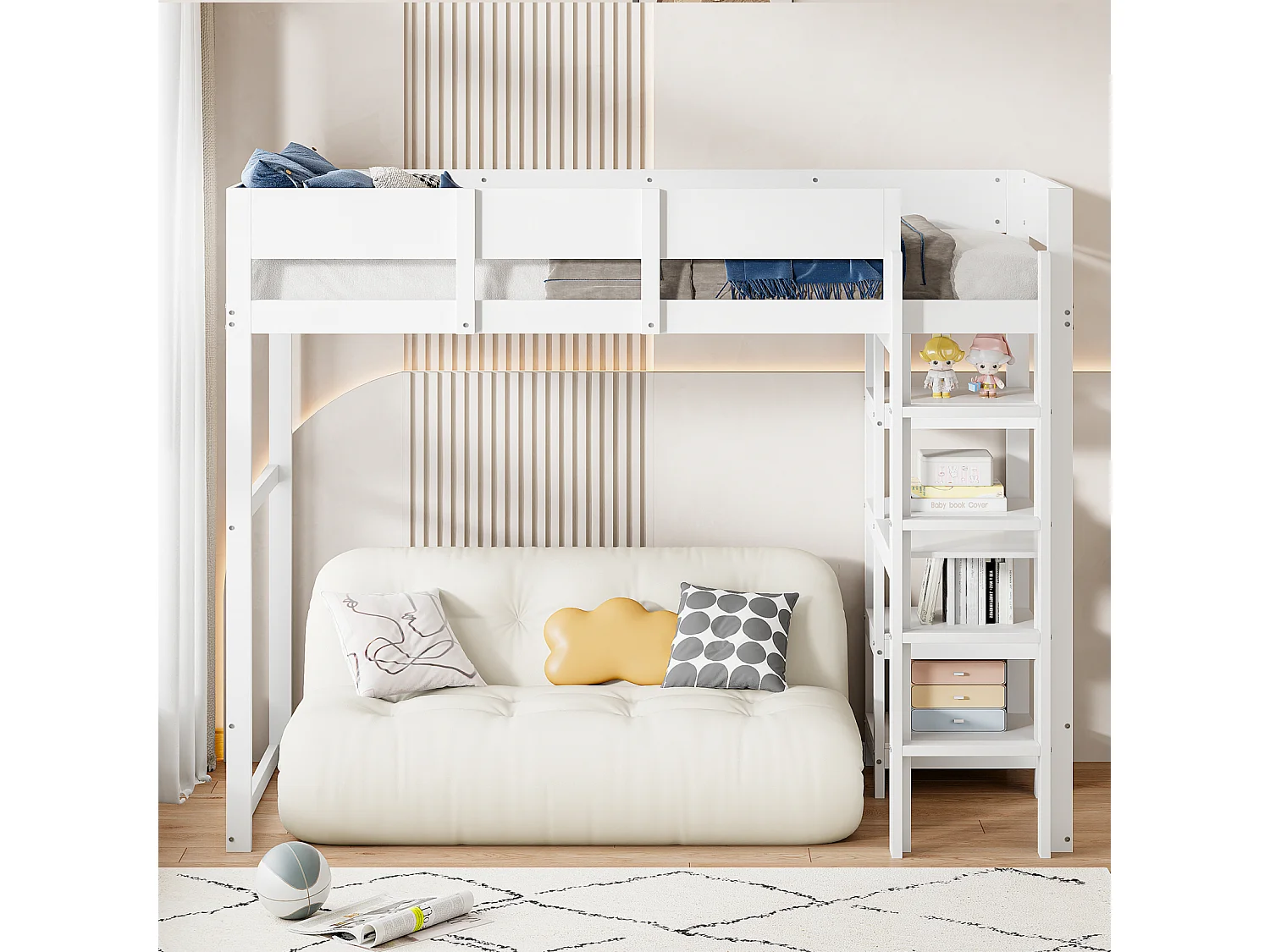 Kinderhoogslaper 90 x 200 cm, met opbergplank, massief grenen bedframe, lattenbodem, bed voor kinderen en tieners, Wit