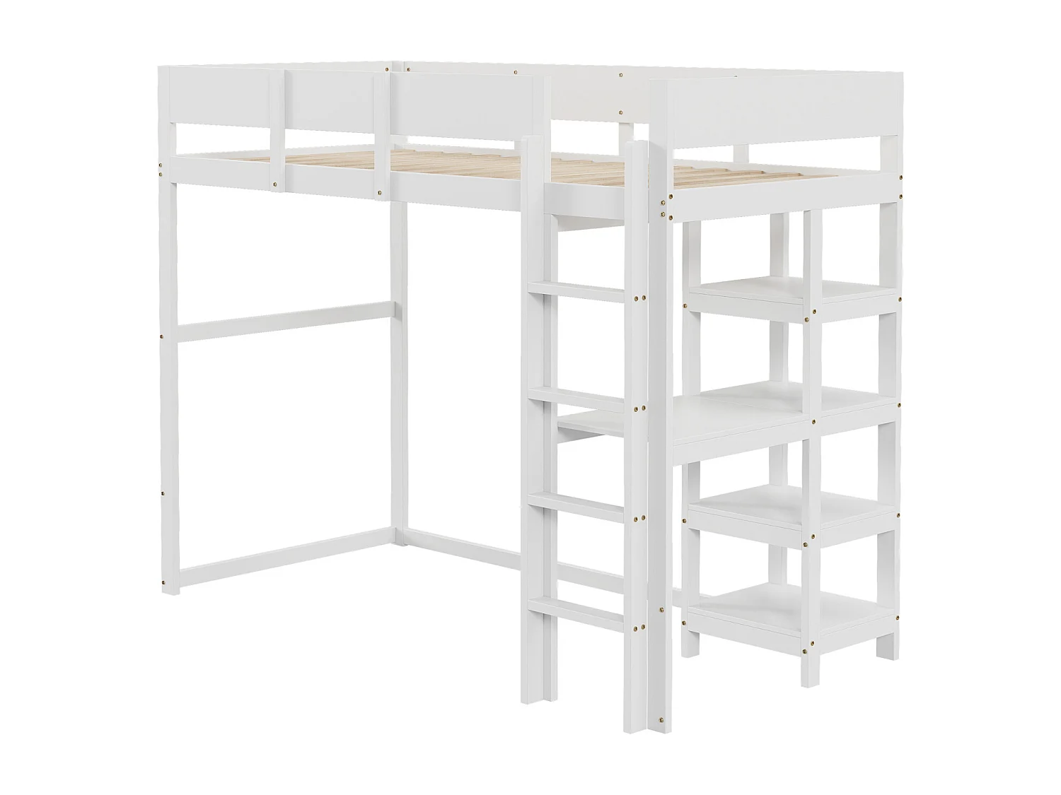 Kinderhoogslaper 90 x 200 cm, met opbergplank, massief grenen bedframe, lattenbodem, bed voor kinderen en tieners, Wit