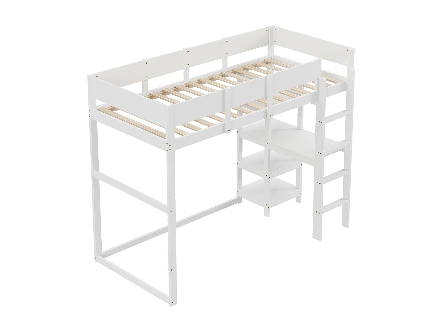 Kinderhoogslaper 90 x 200 cm, met opbergplank, massief grenen bedframe, lattenbodem, bed voor kinderen en tieners, Wit