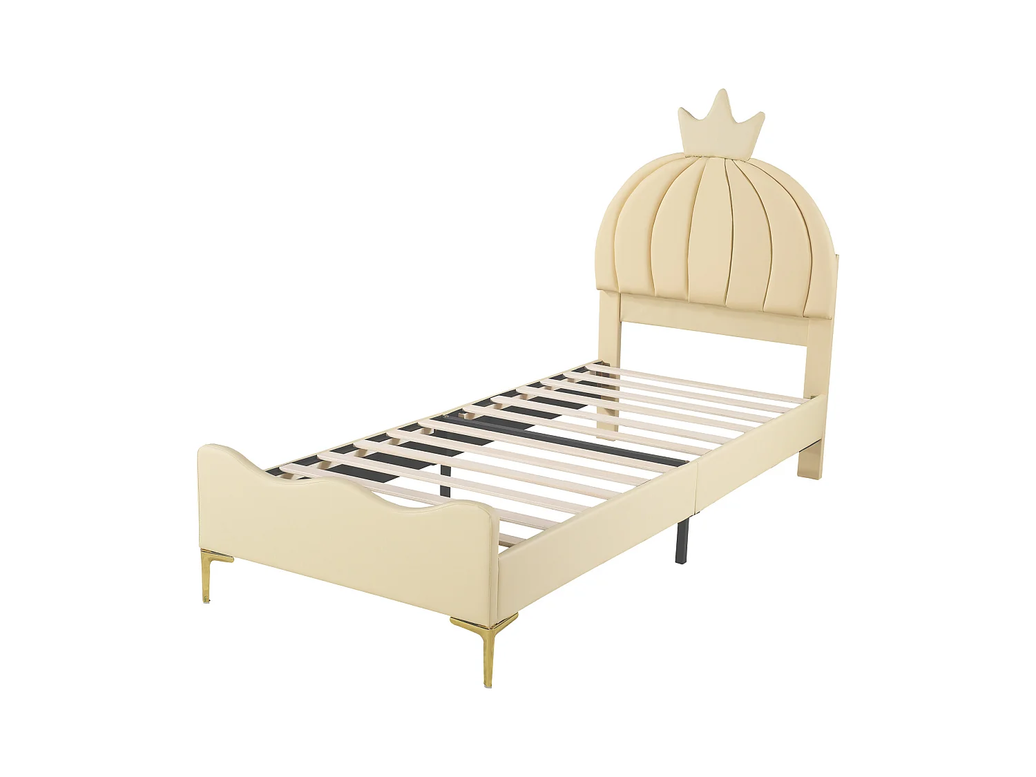 Kinderbed 140x200cm, eenpersoonsbed met lattenbodem en cartoonhoofdbord met kroonlijst, kunstlederen stof, beige