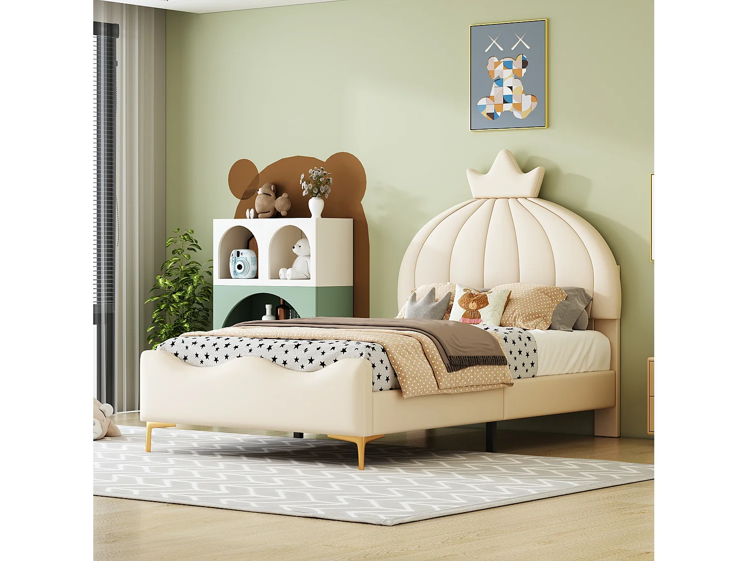 Lit enfnat 140x200cm, lit simple avec sommier à lattes et tête de lit dessin animé avec moulure de couronne, tissu simili cuir, beige