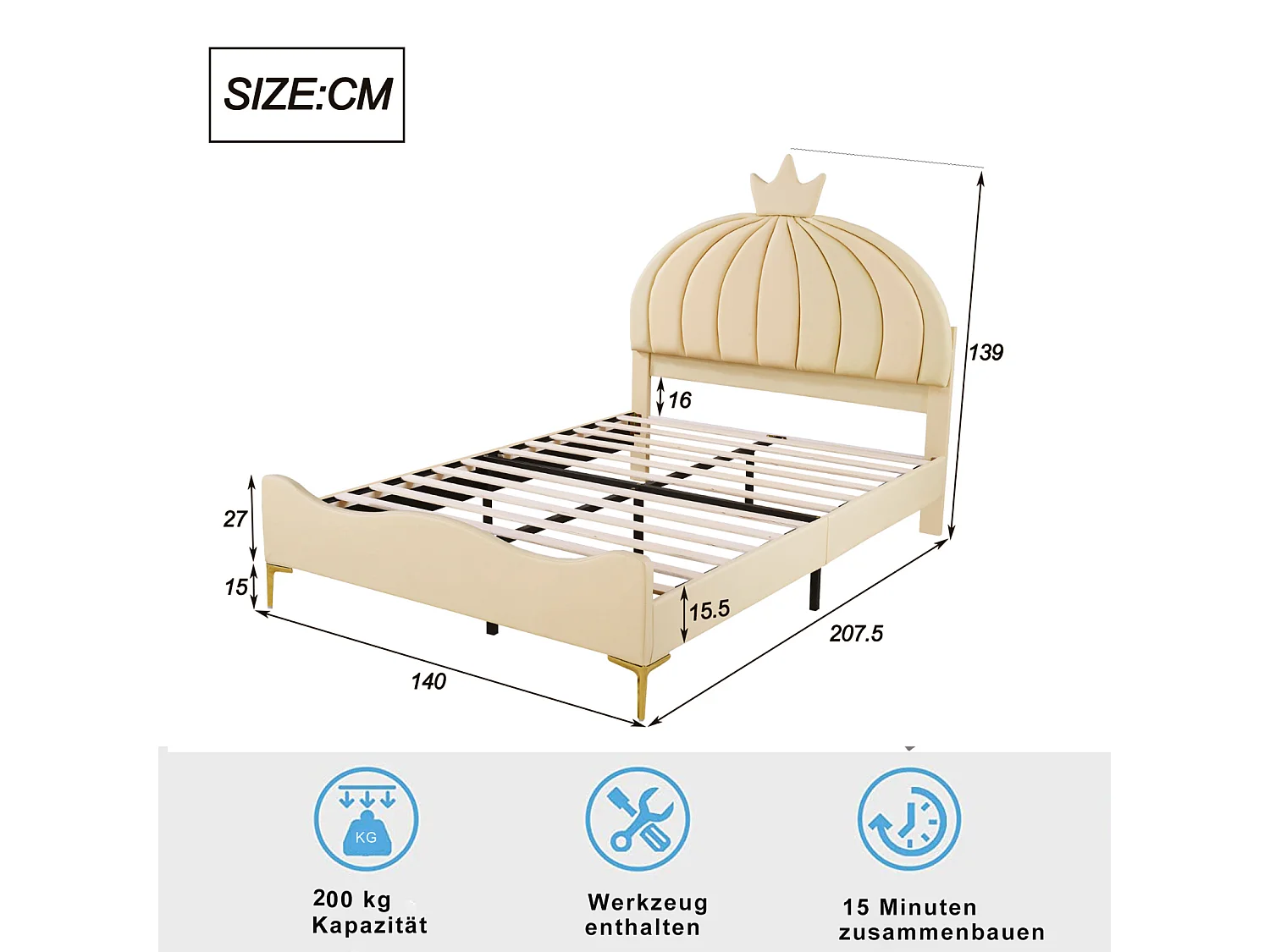 Lit enfnat 140x200cm, lit simple avec sommier à lattes et tête de lit dessin animé avec moulure de couronne, tissu simili cuir, beige