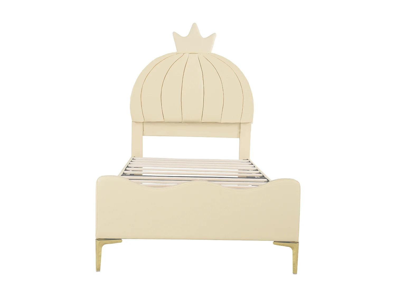 Lit enfnat 140x200cm, lit simple avec sommier à lattes et tête de lit dessin animé avec moulure de couronne, tissu simili cuir, beige