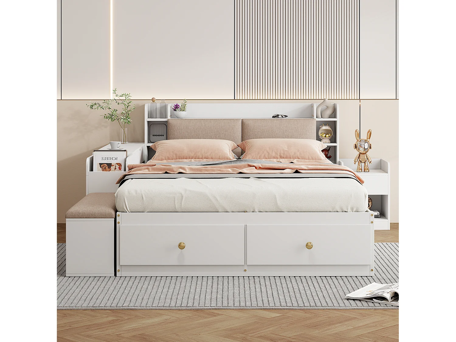 Lit Combiné en Bois Massif - 140x200cm - Tête de lit avec rangement - avec Tiroirs, Table de nuit, Banquette de canapé